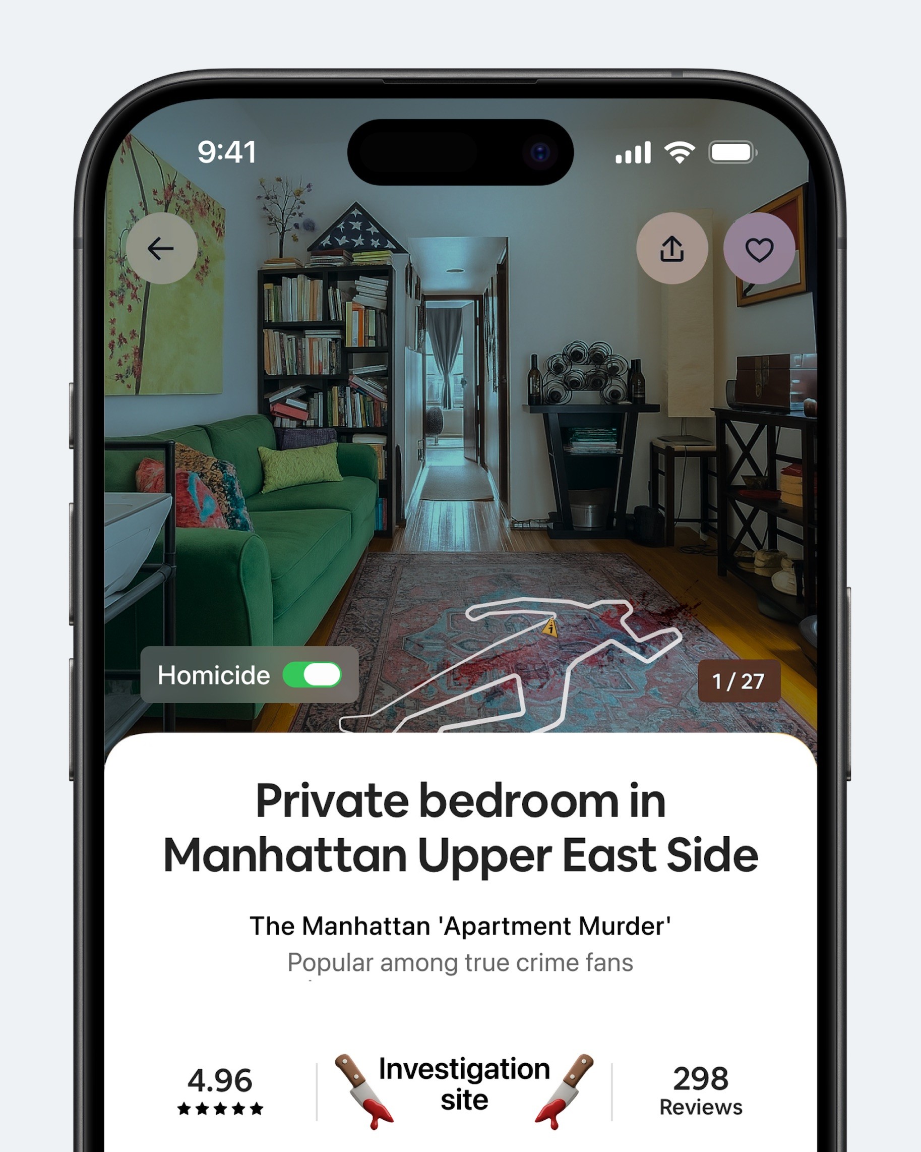Концепт: экран Airbnb с объявлением квартиры и информацией о преступлении в помещении
