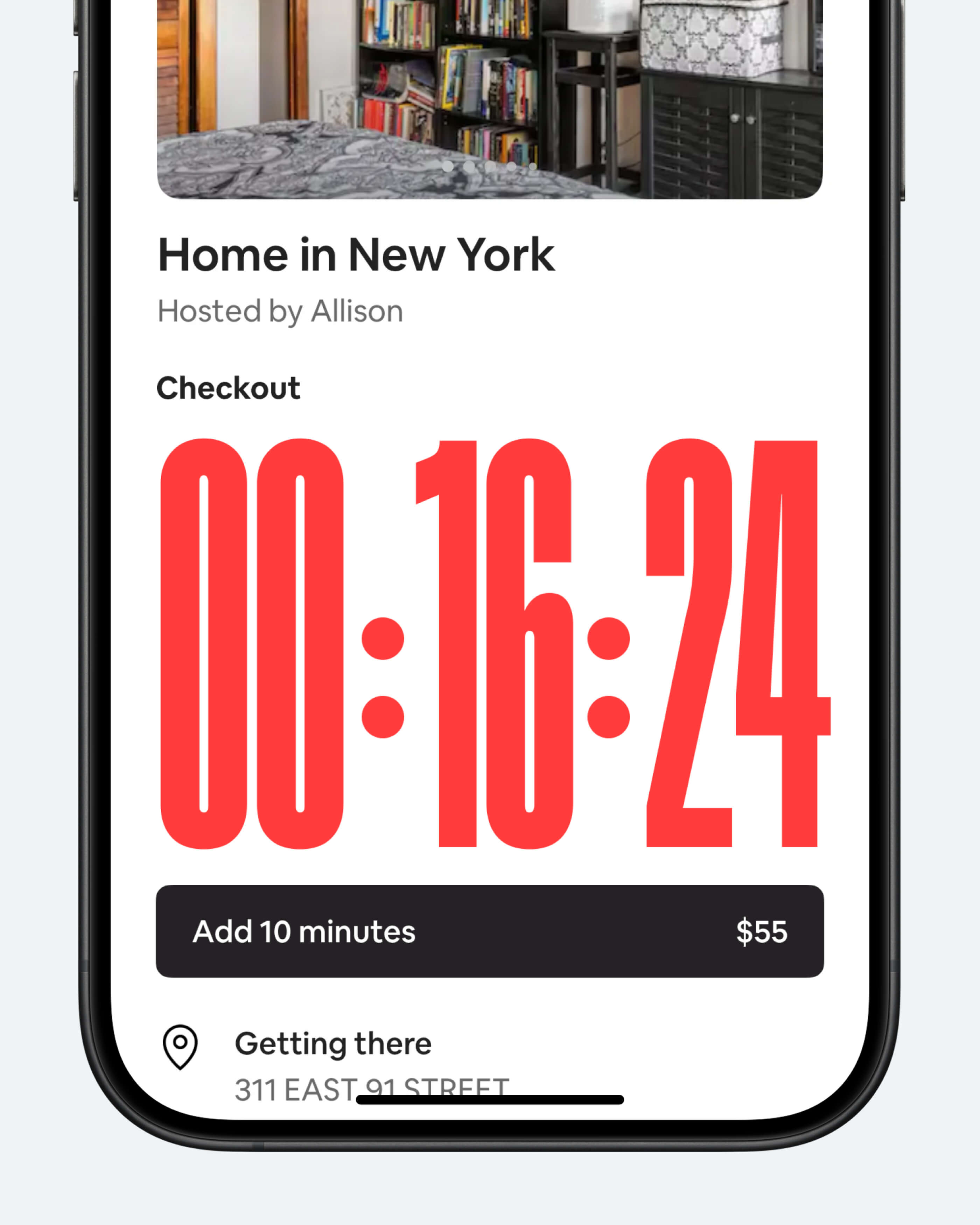Концепт: приложение Airbnb с большим красным таймером обратного отсчёта до выселения из квартиры