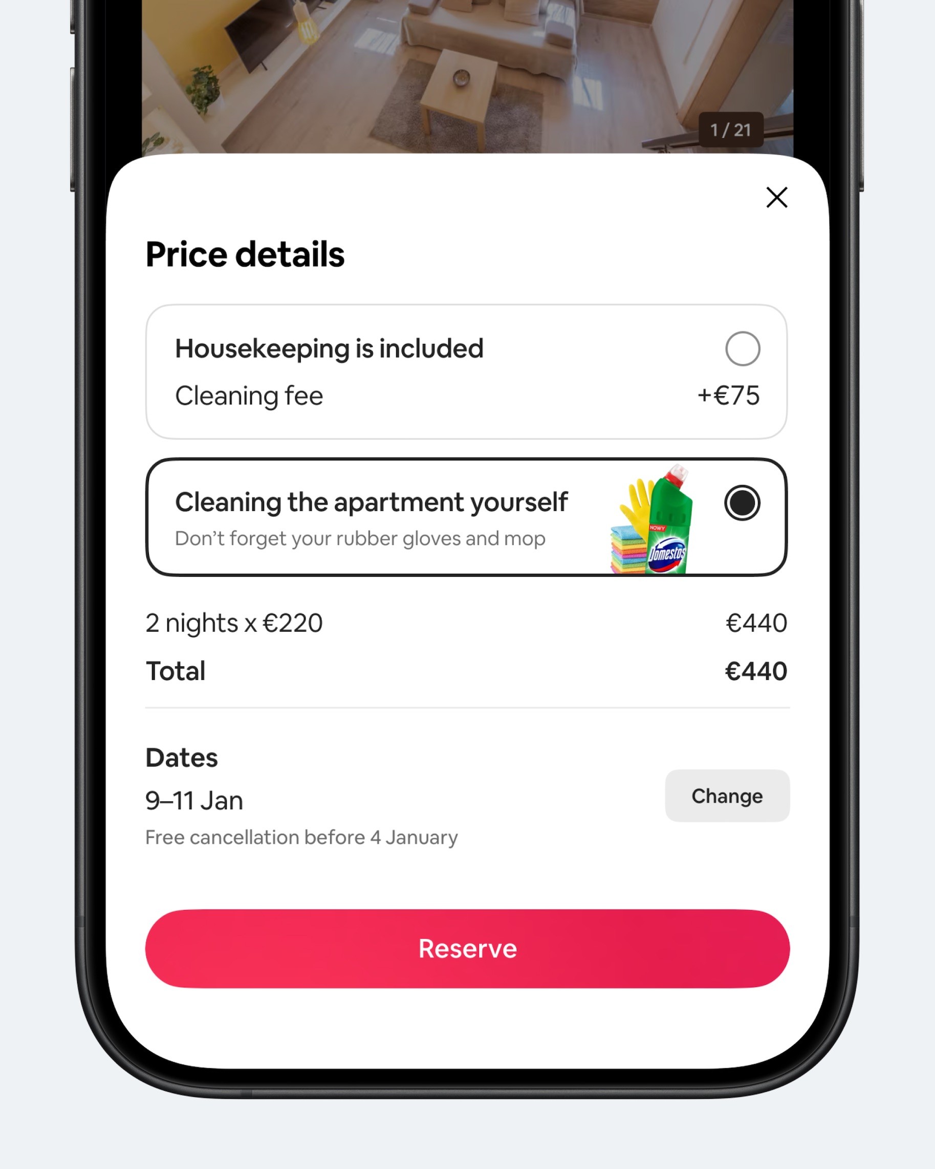 Price details screen with cleaning options and total cost. Includes cleaning fees, dates, and a "Reserve" button.