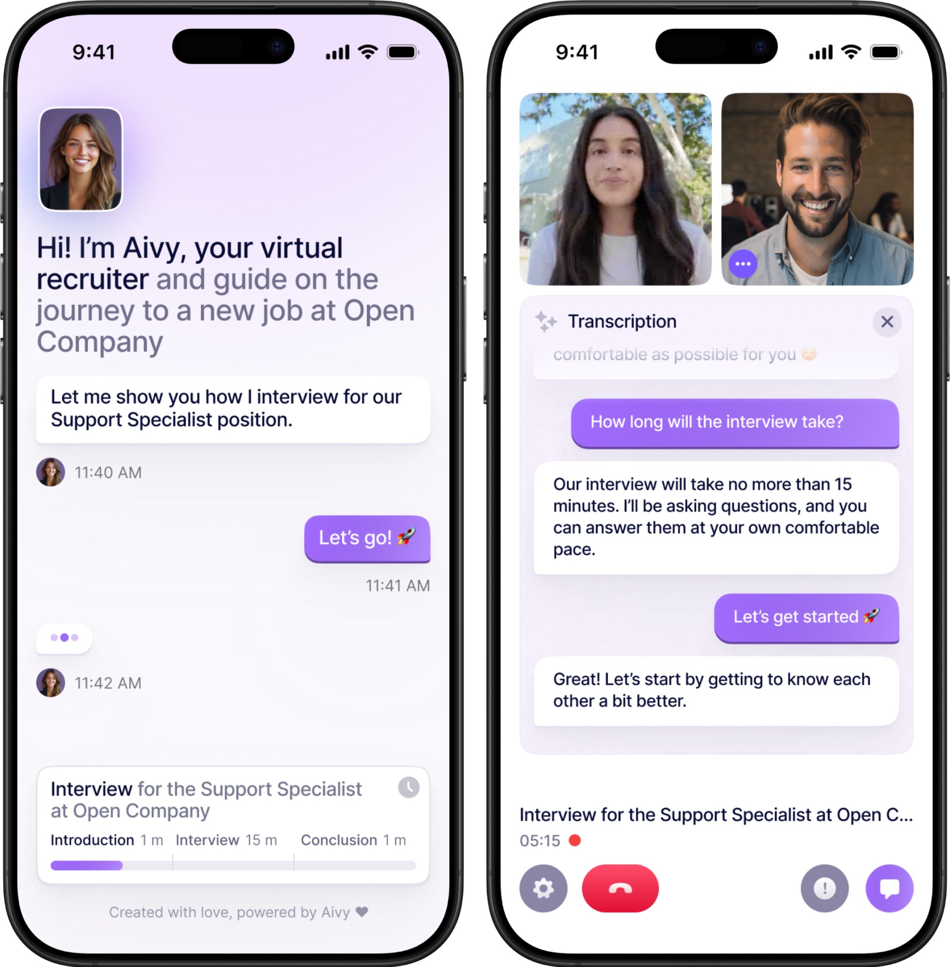 Screenshots of Aivy's virtual recruiter app: a chat with instructions on how the interview is conducted. 