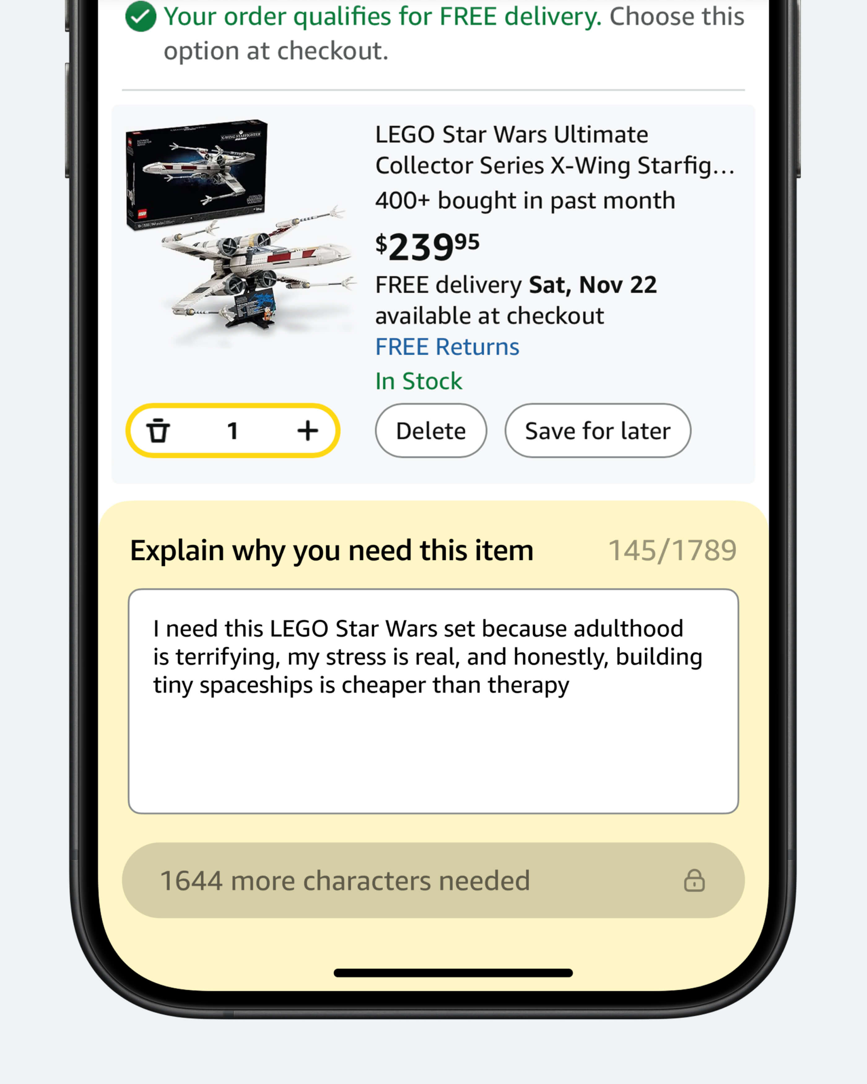 Концепт: экран Amazon с обязательным обоснованием причины покупки LEGO набора