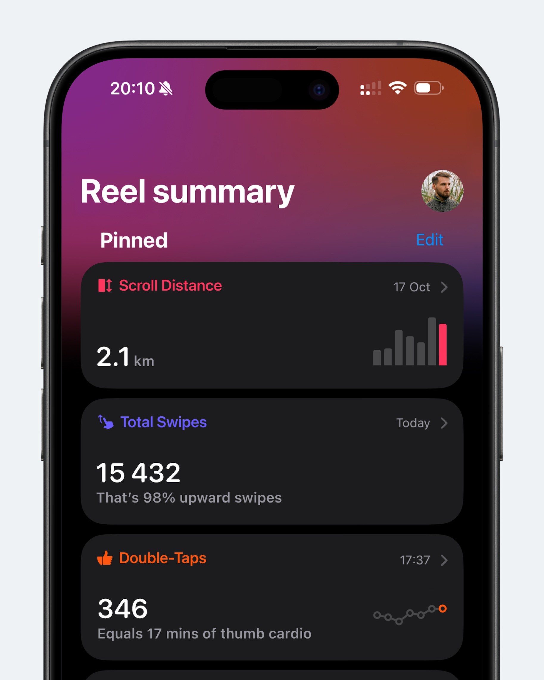 Концепт: экран Apple Health с метриками активности в рилсах — расстояние скролла, количество свайпов и тапов