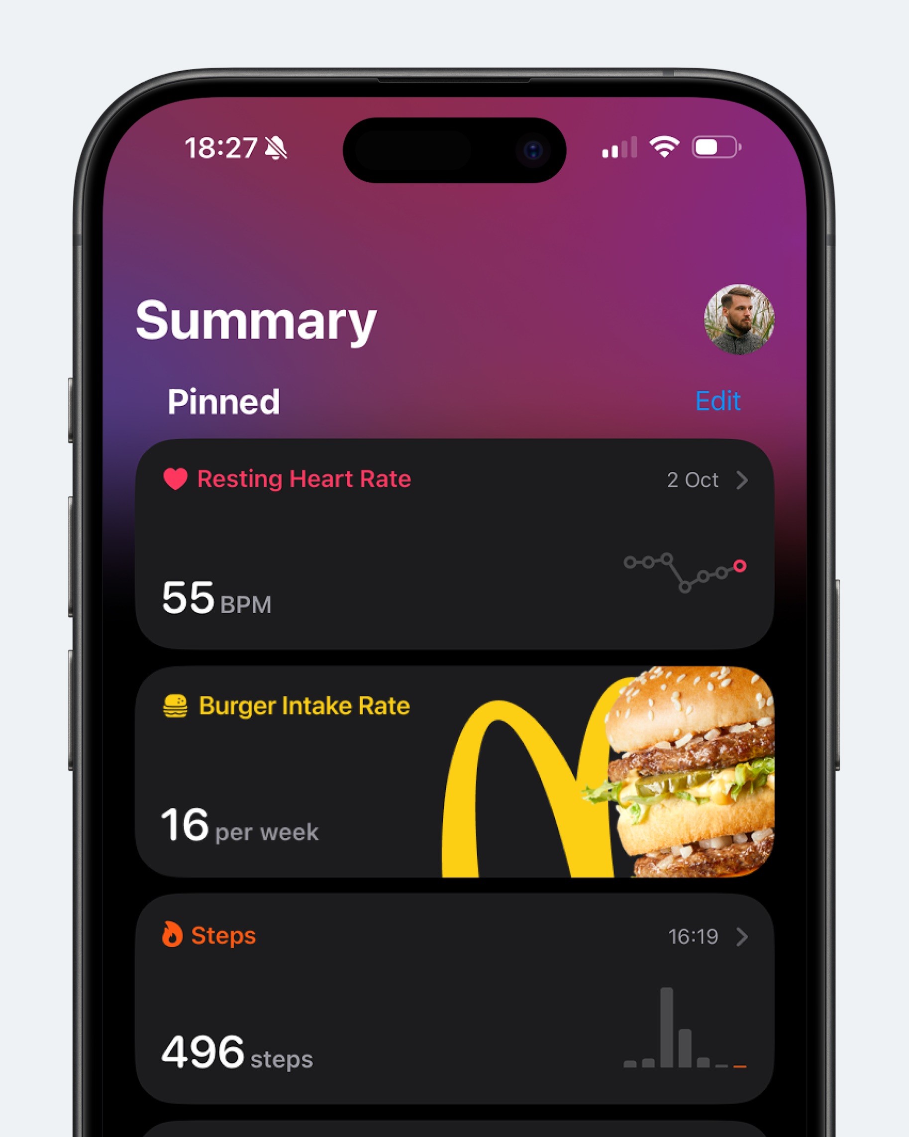Концепт: экран сводки Apple Health с отслеживанием съеденных бургеров за неделю
