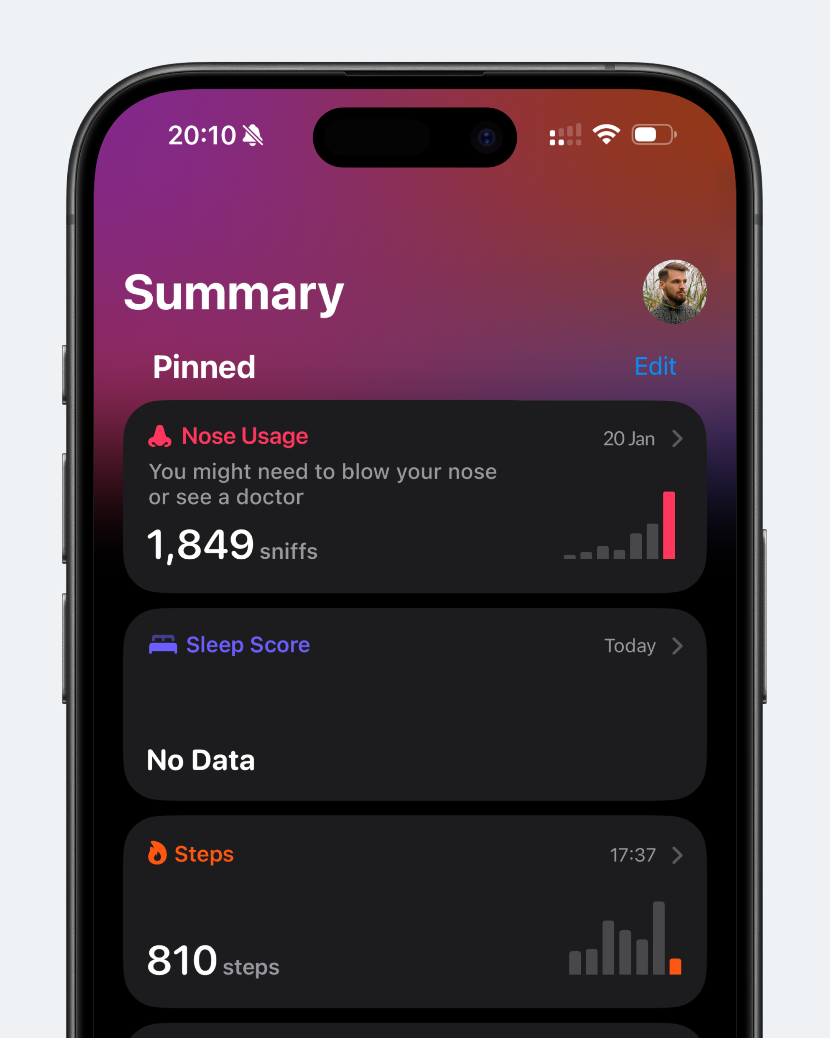 Концепт: главный экран Apple Health с отслеживанием шмыганий носа за день