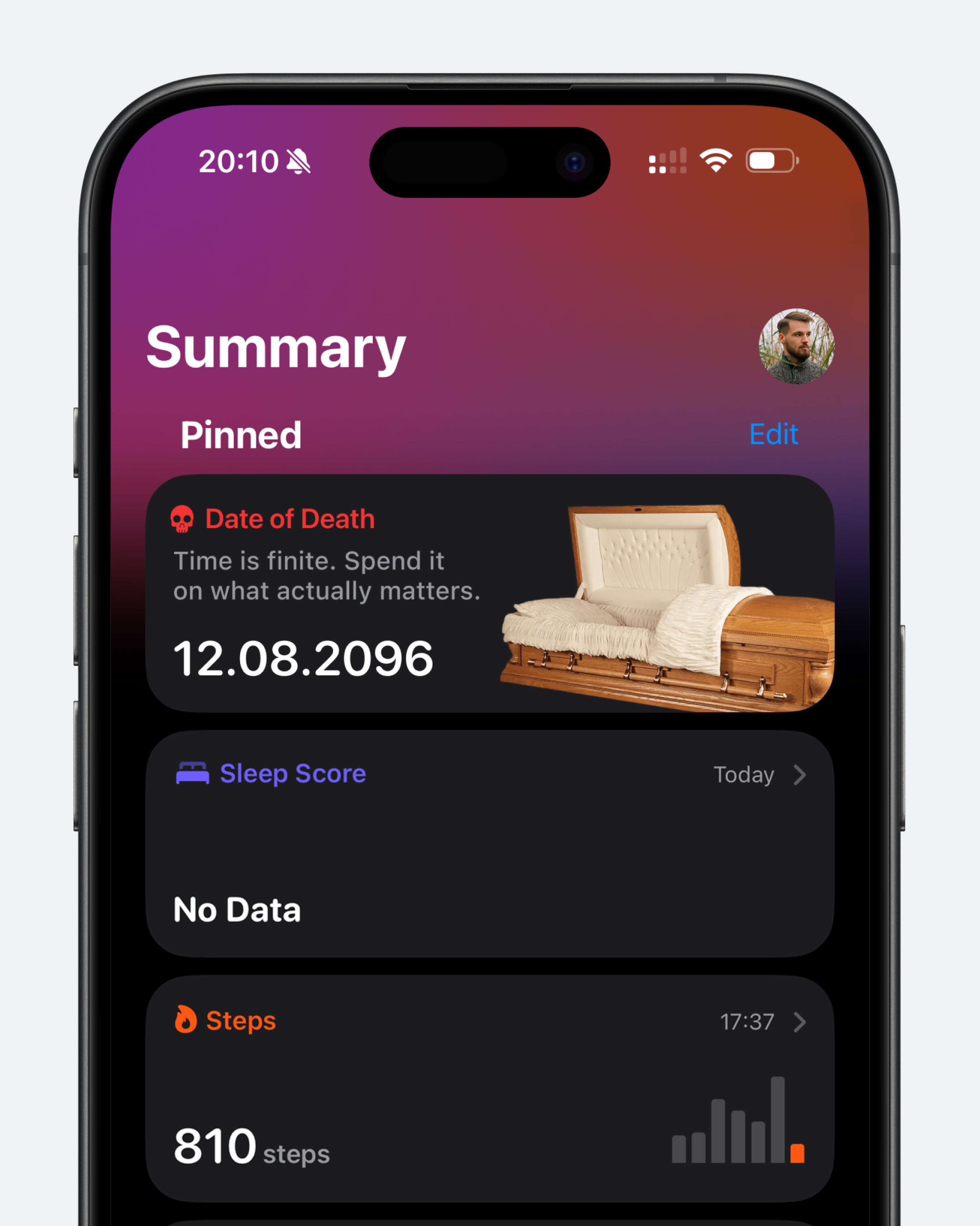 Концепт: экран Apple Health с предсказанием даты смерти пользователя среди других показателей здоровья
