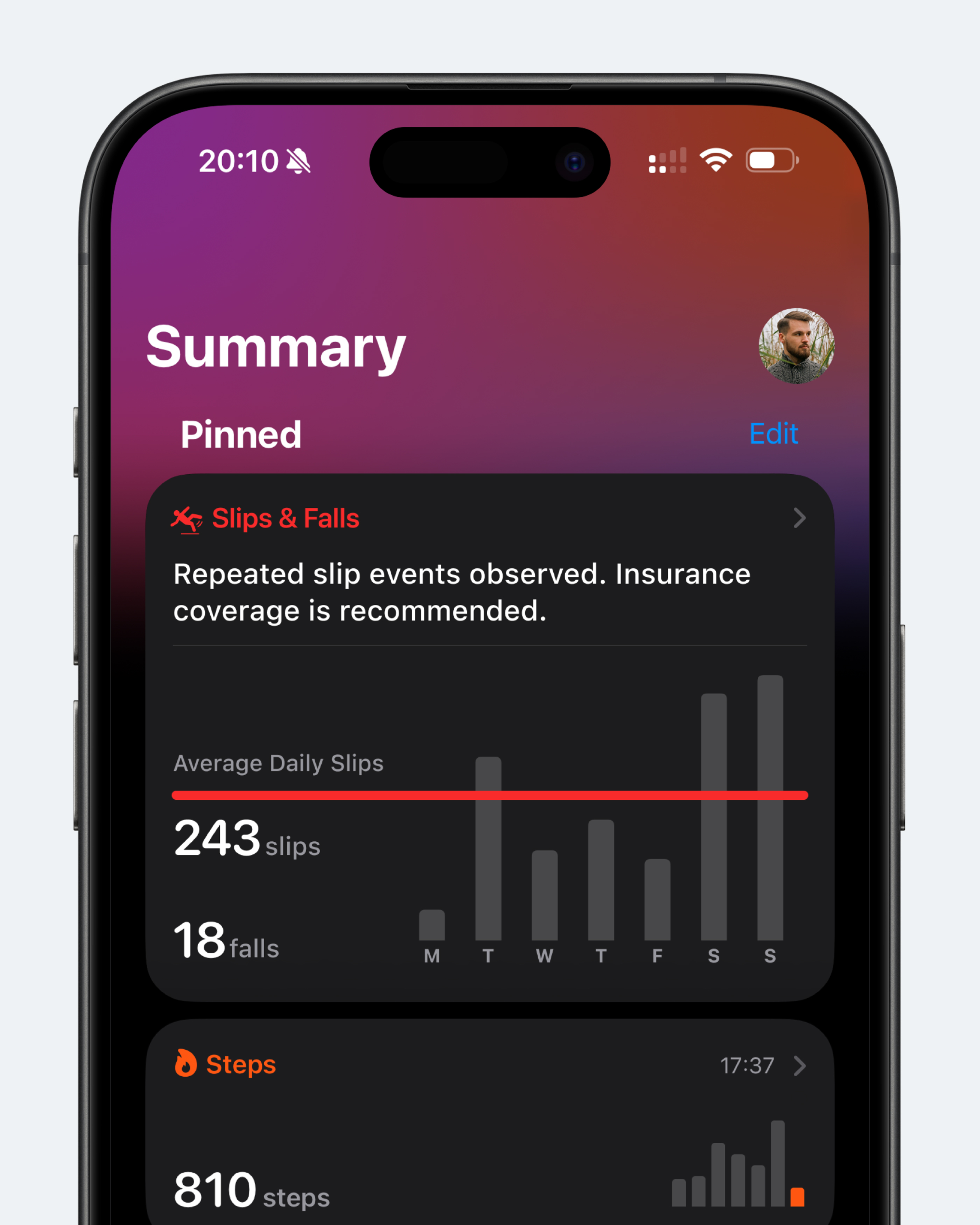 Концепт: экран Apple Health с отслеживанием поскальзываний и падений, графиками и предупреждением о страховке