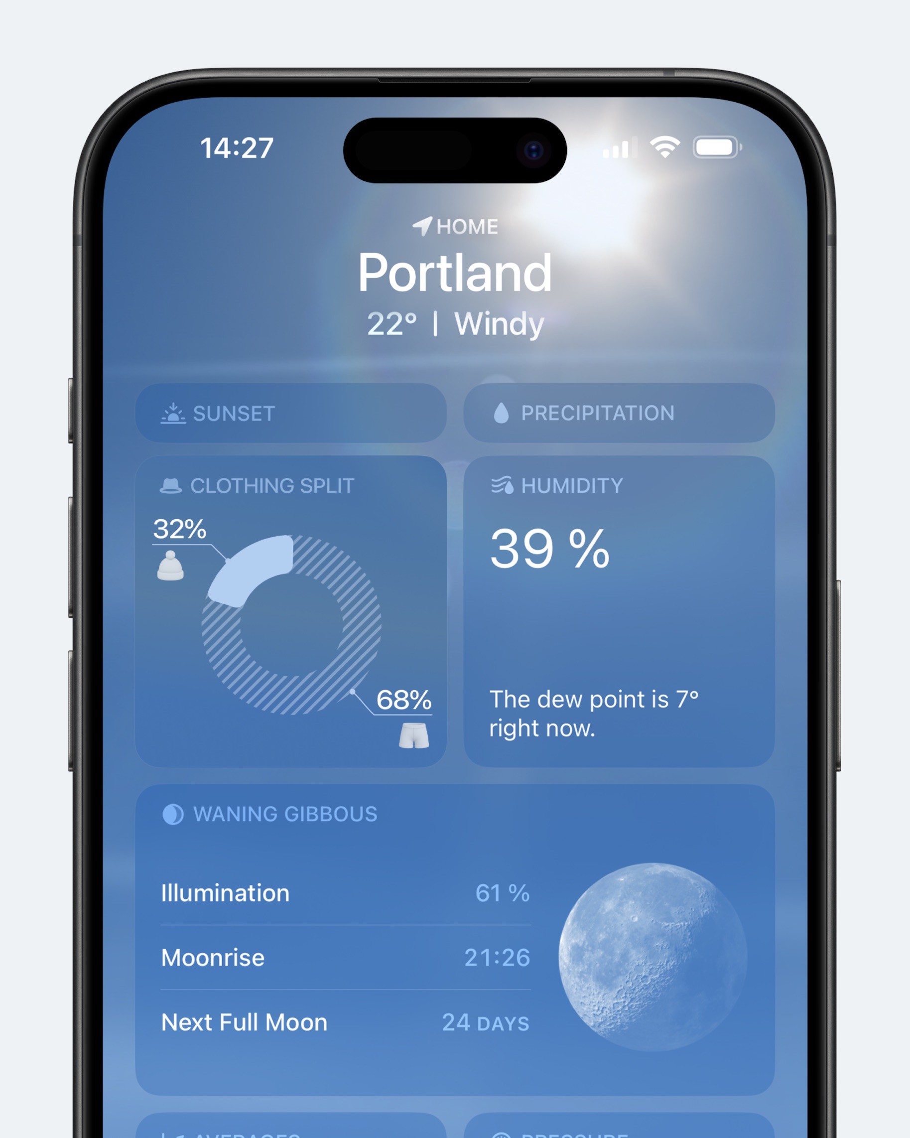 Концепт: экран Apple Weather с распределением людей в шапках и шортах по температуре