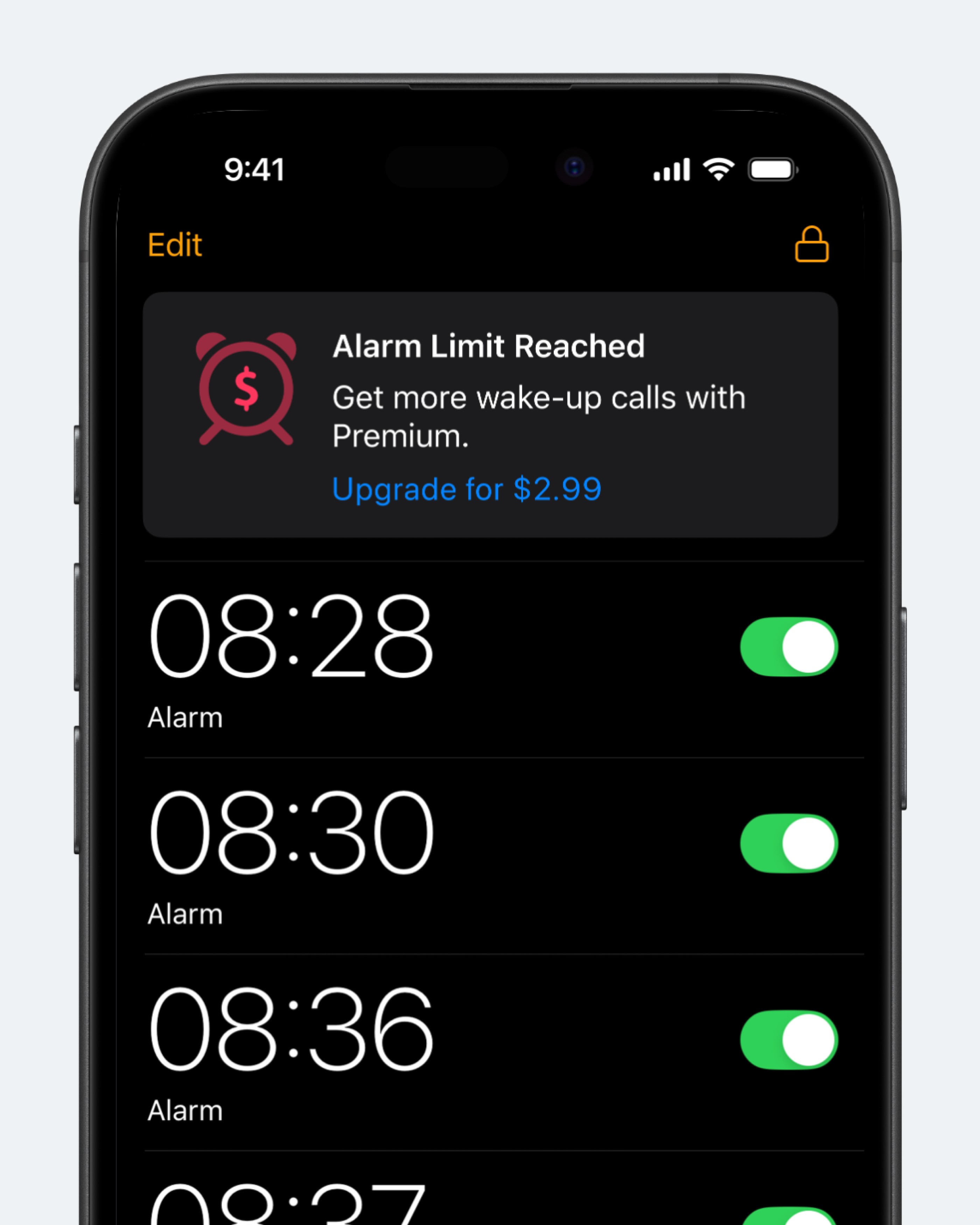 Концепт: интерфейс Apple Clock с уведомлением о платном лимите на количество будильников