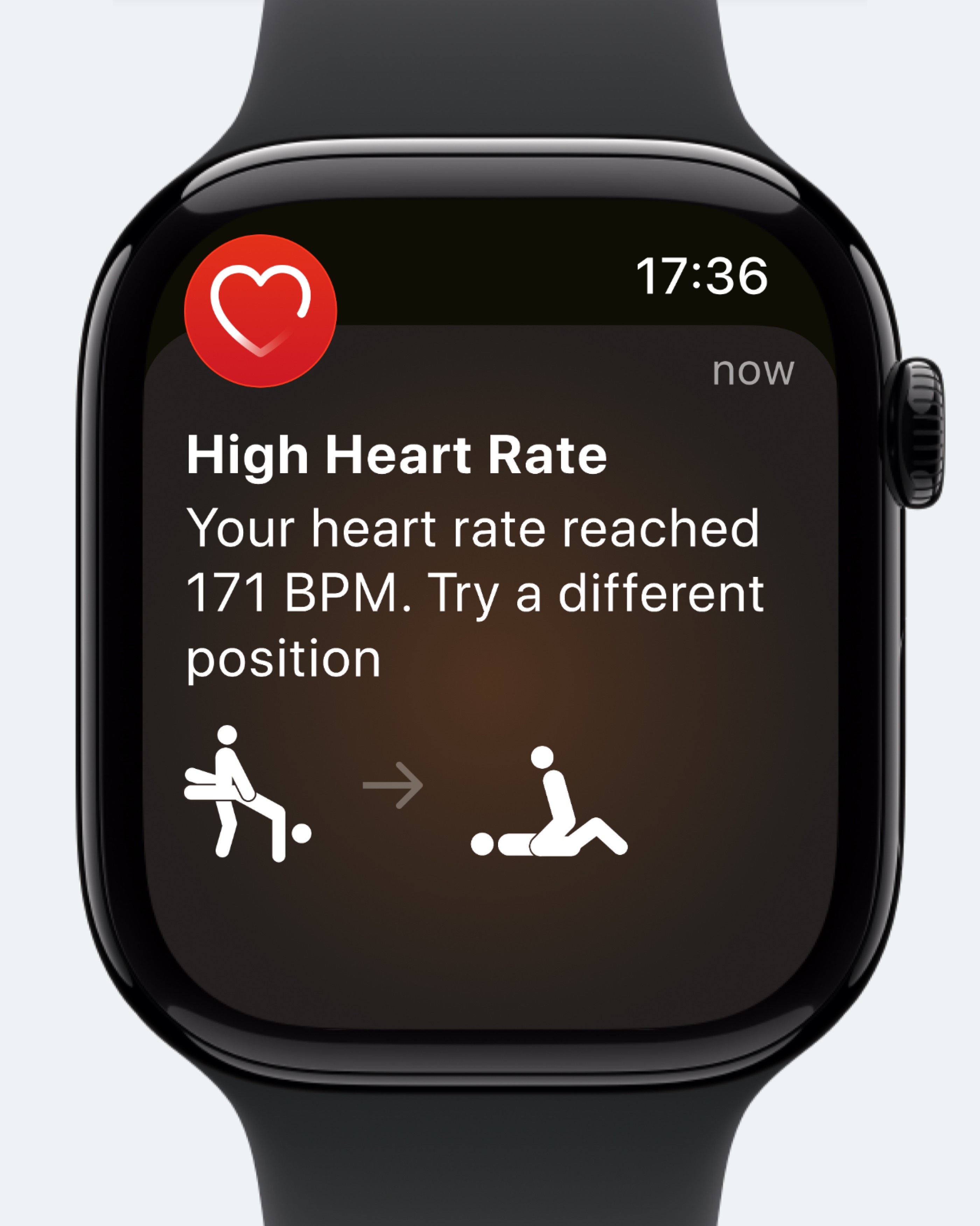 Концепт: уведомление Apple Watch о высоком пульсе с предложением сменить позу