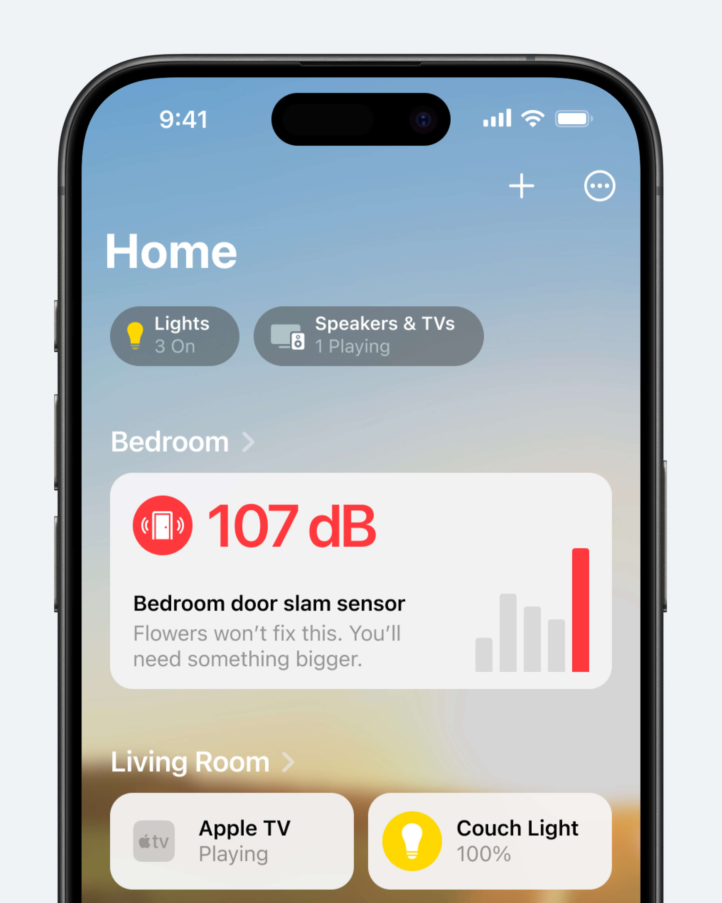 Концепт: виджет громкости хлопков дверью в Apple Home с показателем в децибелах