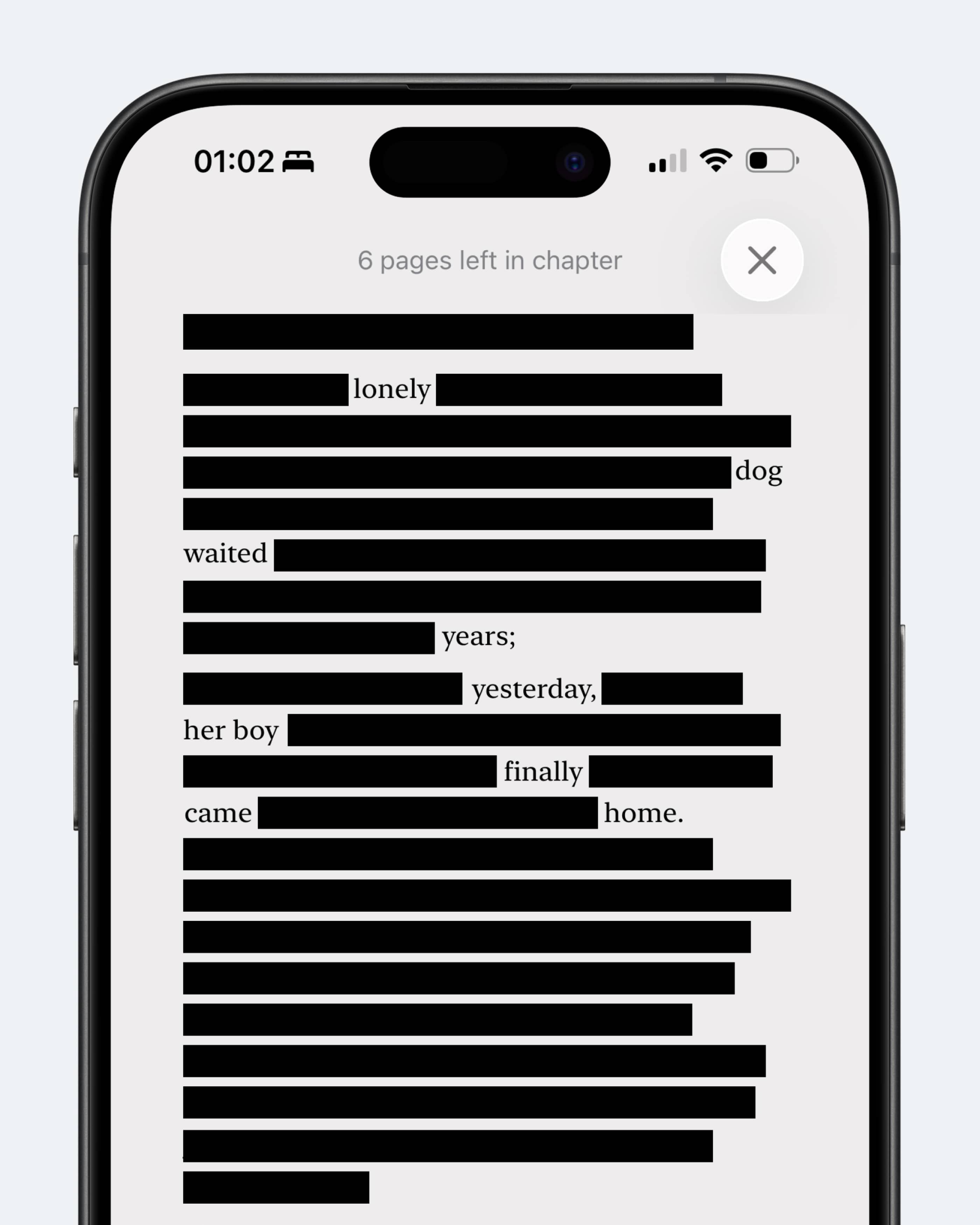 Концепт: интерфейс Apple Books с визуализацией текста книги чёрными полосками для развития воображения читателя