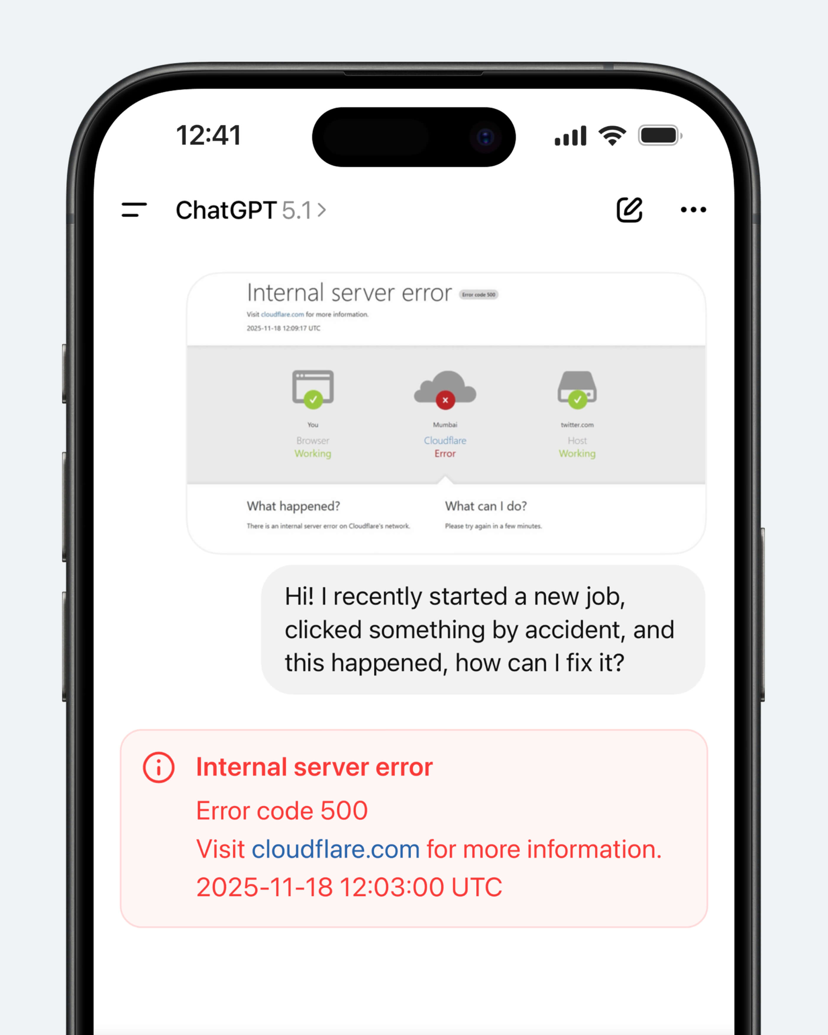 Концепт: экран ChatGPT с ошибкой Cloudflare при отказе AI-сервиса во время сбоя