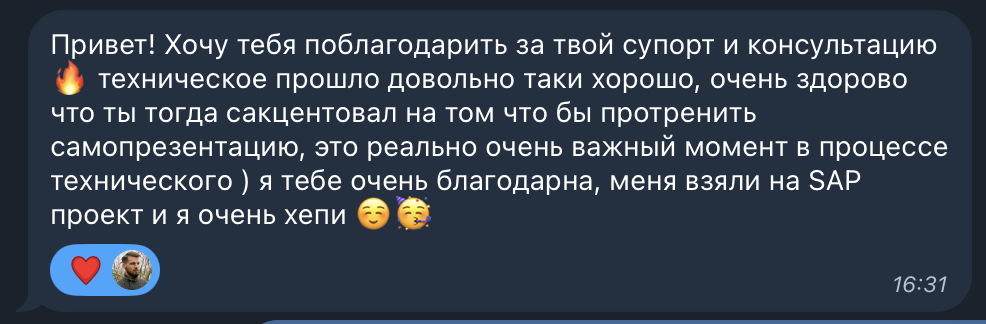 Благодарственное сообщение в чате с похвалой за поддержку и консультацию по техническому проекту