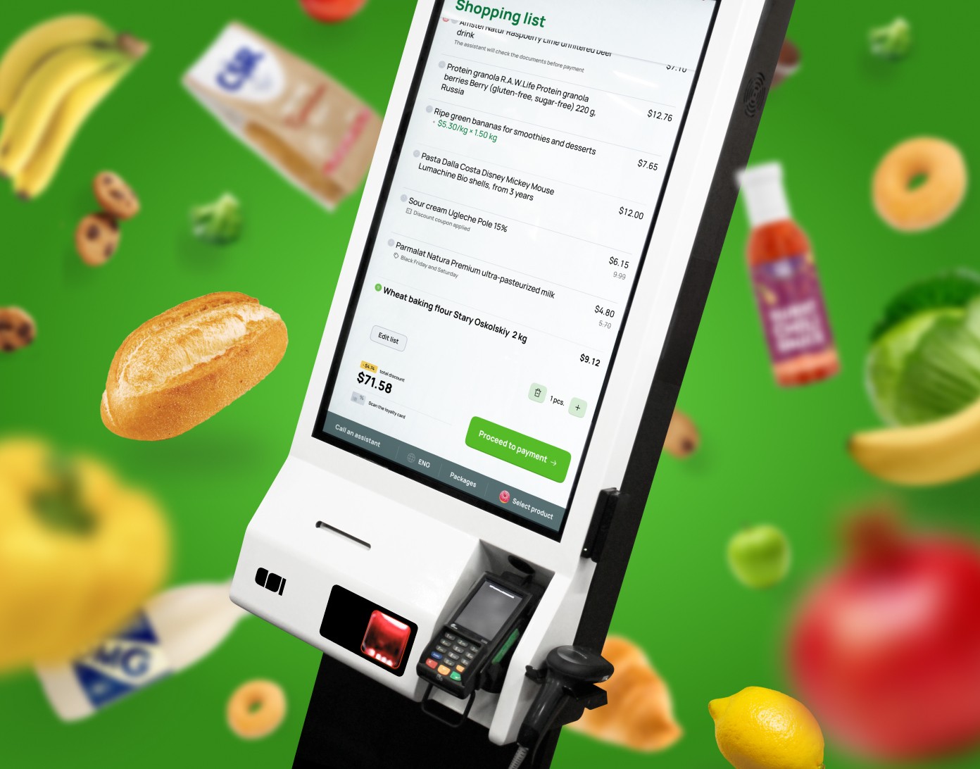Self-checkout kiosk displaying a shopping list with groceries and payment device, surrounded by food items.