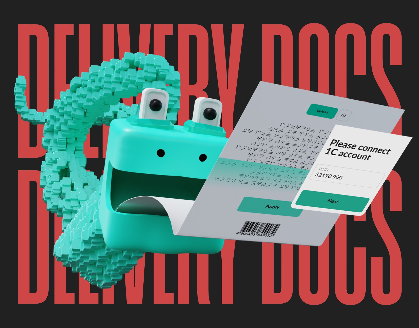Delivery Docs mascot with receipt, asking to connect IC account for delivery.