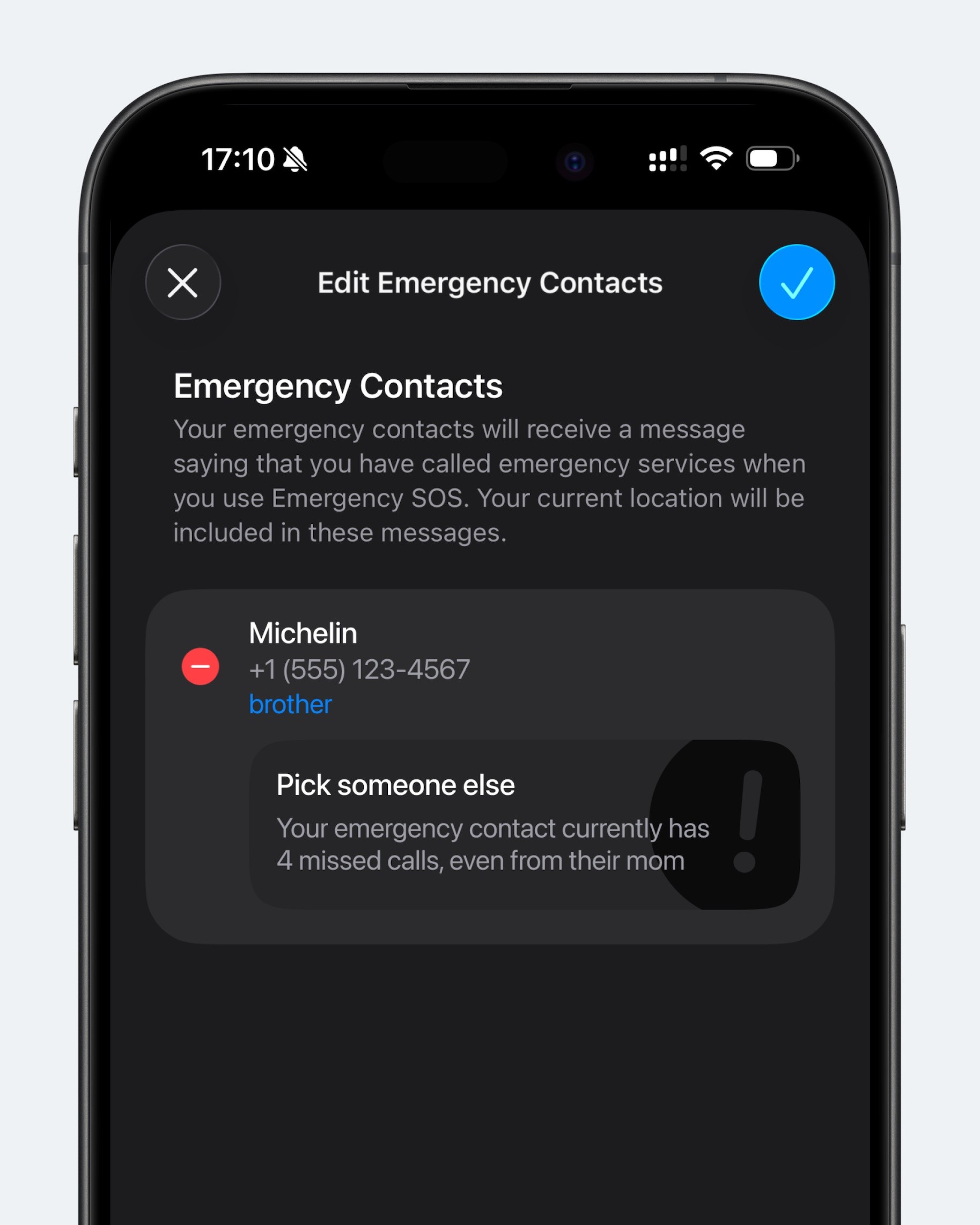 Концепт: экран редактирования экстренных контактов iOS с предупреждением о надежности контакта