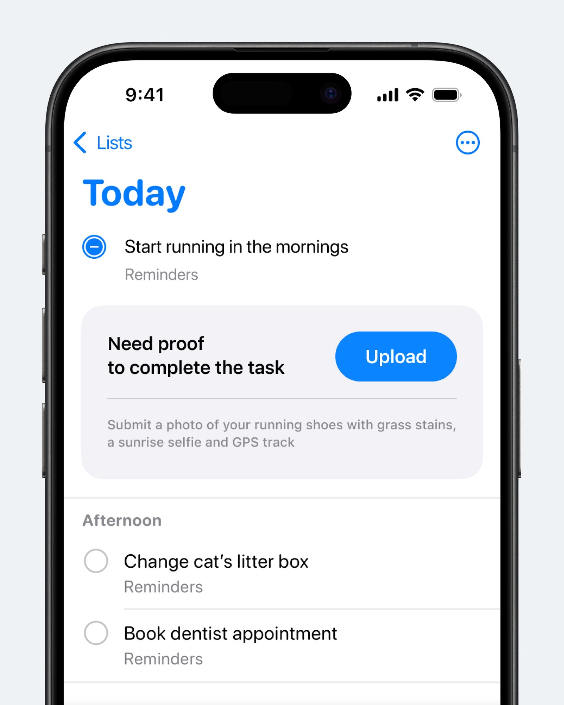 A smartphone screen displaying a daily agenda with a blue button for viewing messages and updates.