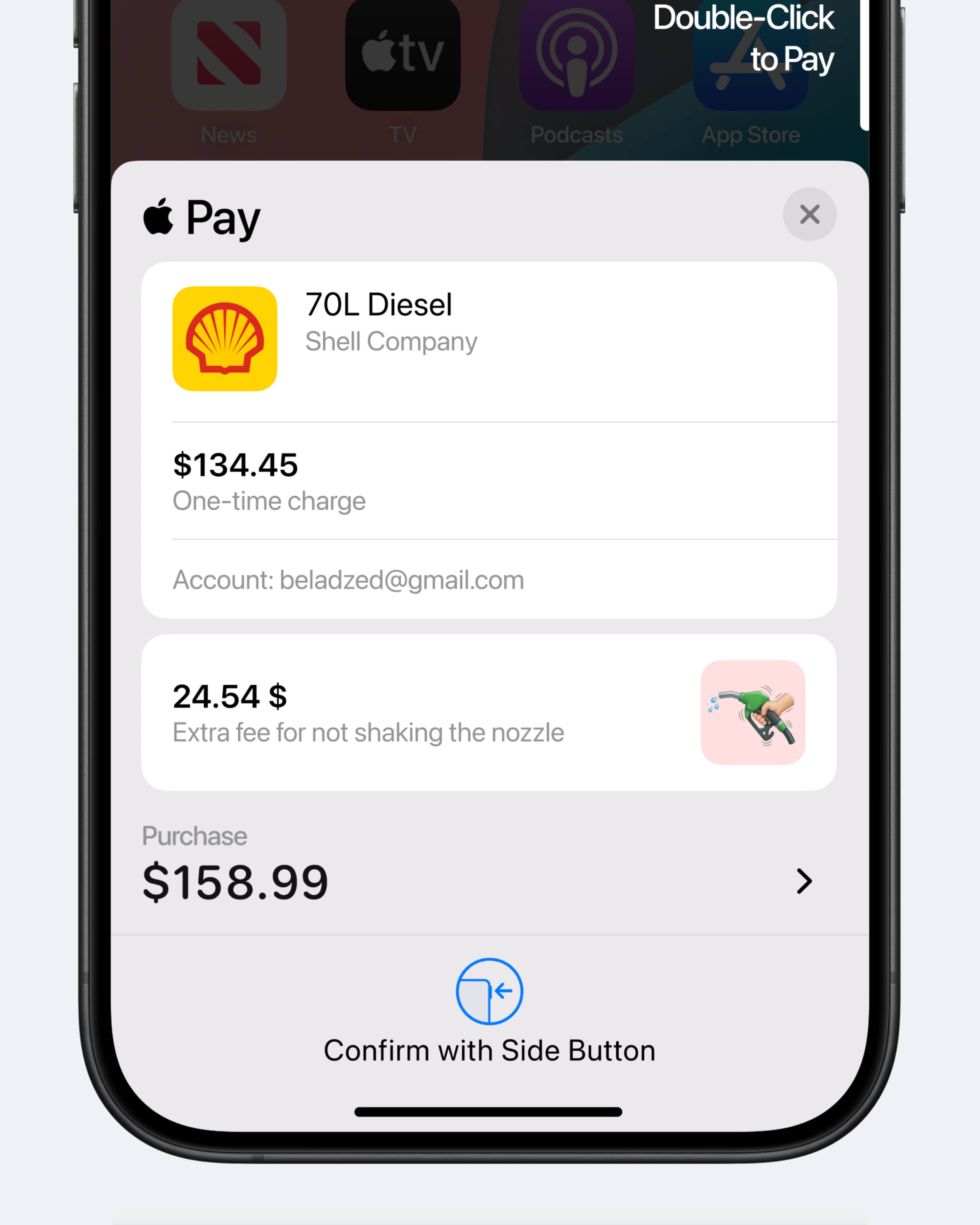 Концепт: экран Apple Pay с комиссией на заправке за недряхлость пистолета