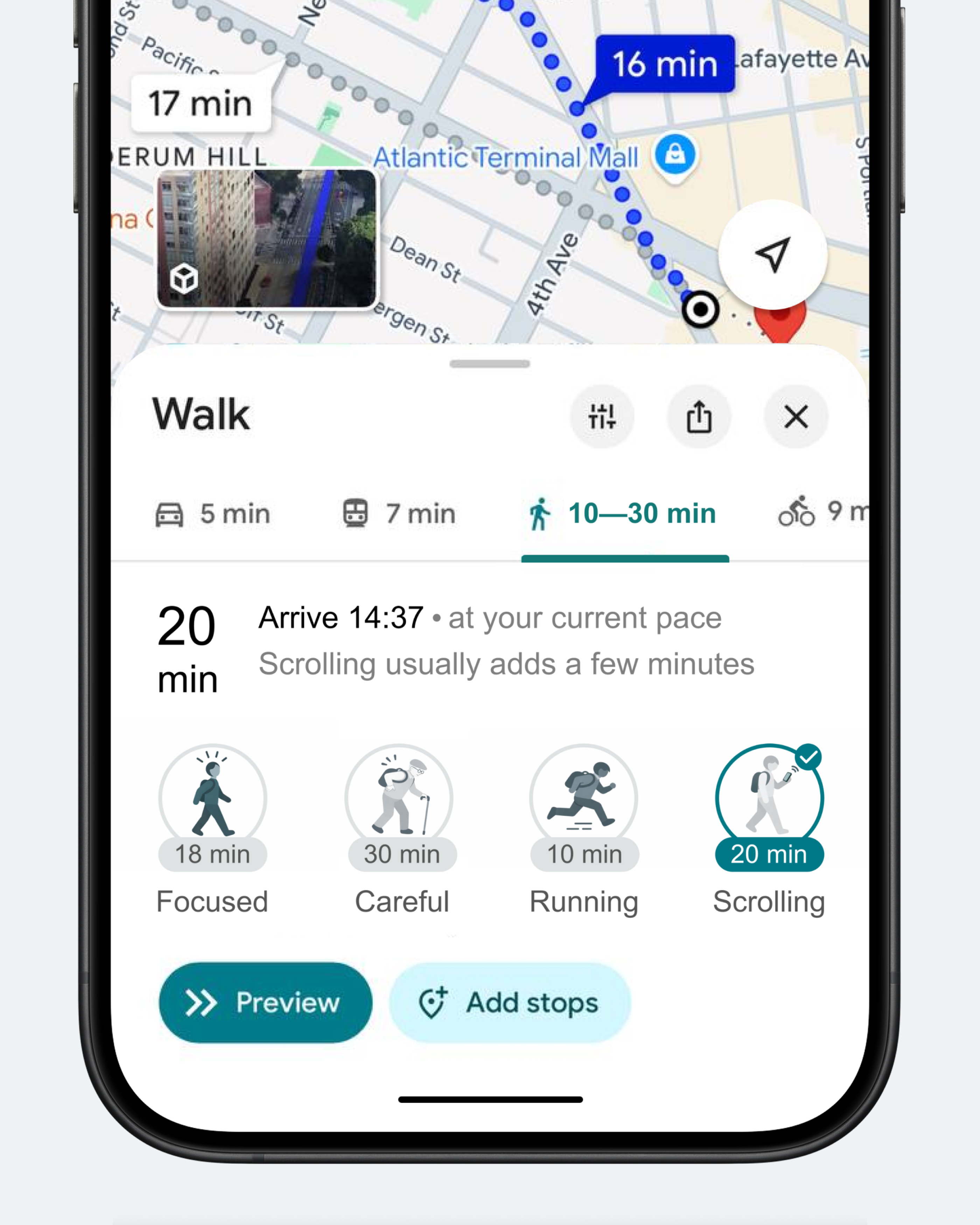 Концепт: Google Maps с расчётом времени маршрута в зависимости от стиля скроллинга на телефоне