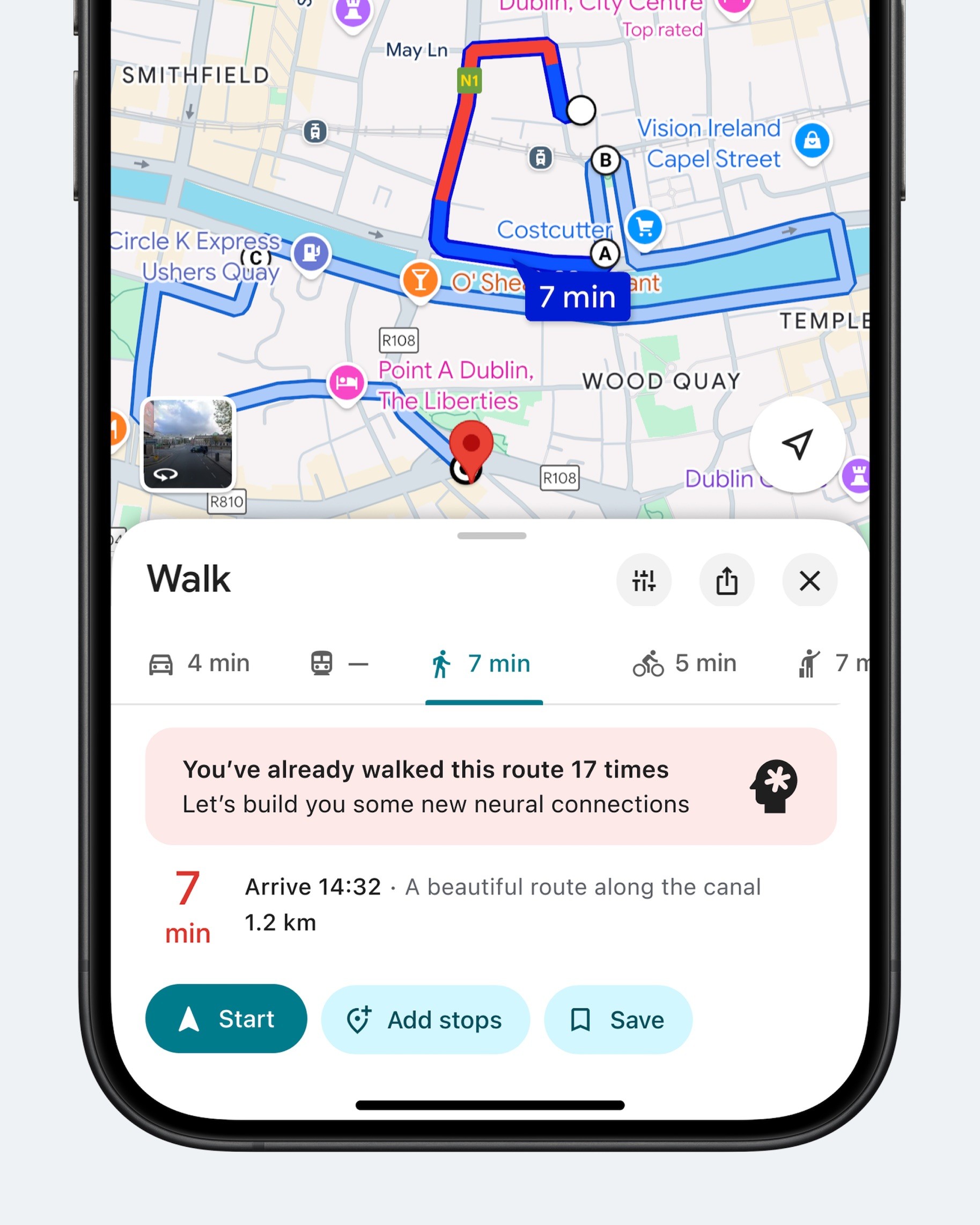 Концепт: Google Maps предлагает альтернативный маршрут для часто используемого пути в Дублине