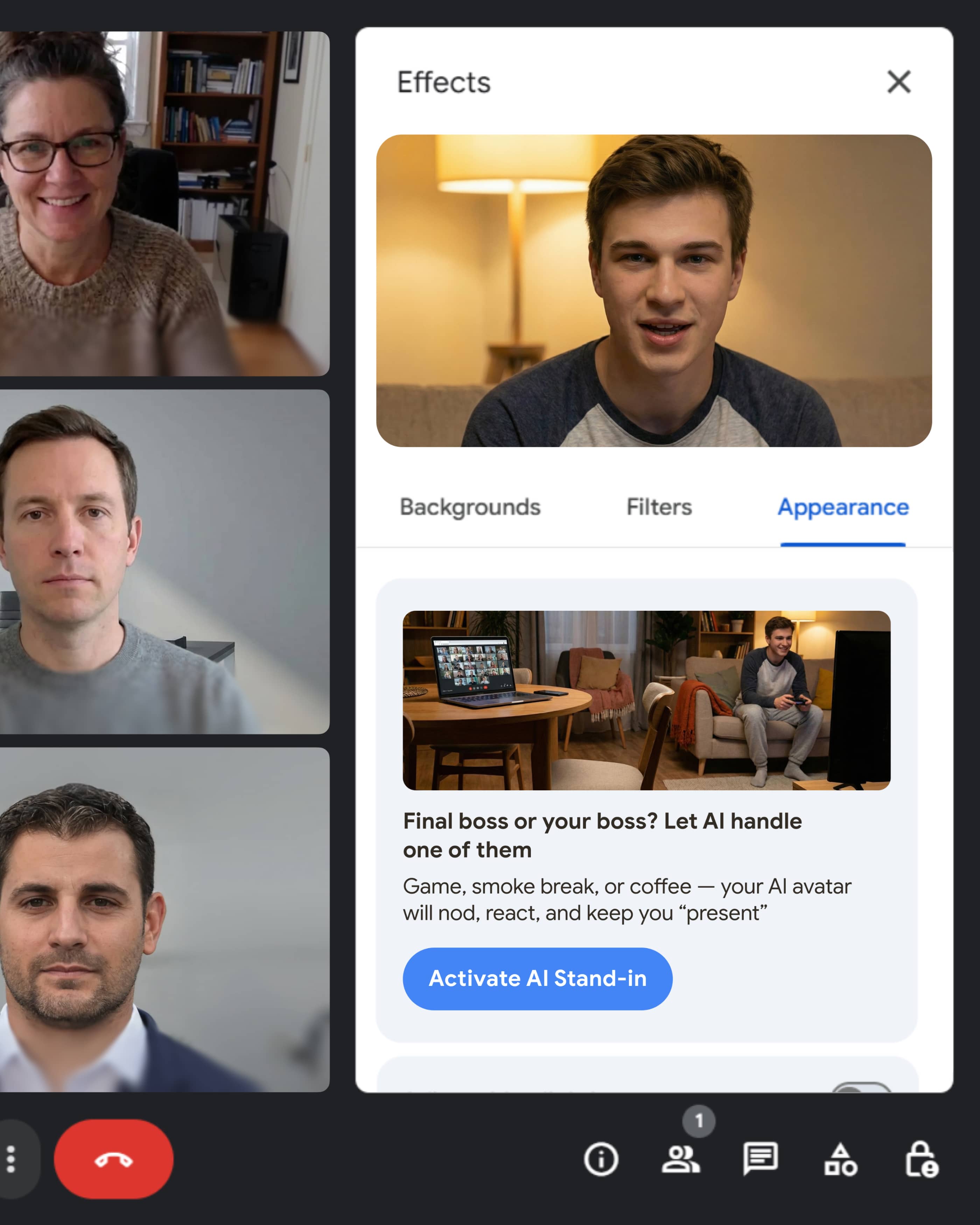 Концепт: интерфейс Google Meet с функцией замены участника на AI дубликат для автоматического присутствия на встречах