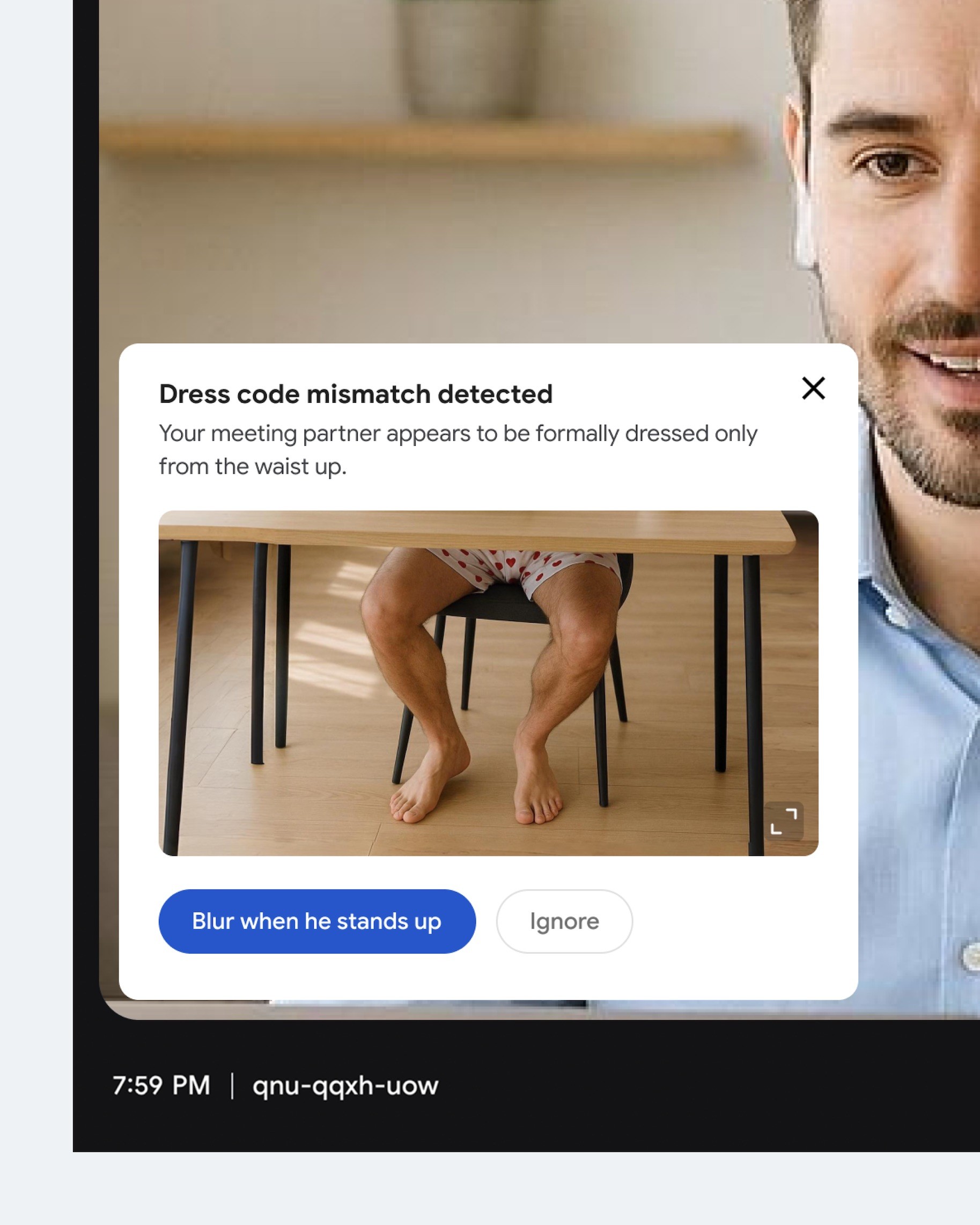 Концепт: Google Meet с оповещением о несоответствии дресс-коду участника видеозвонка