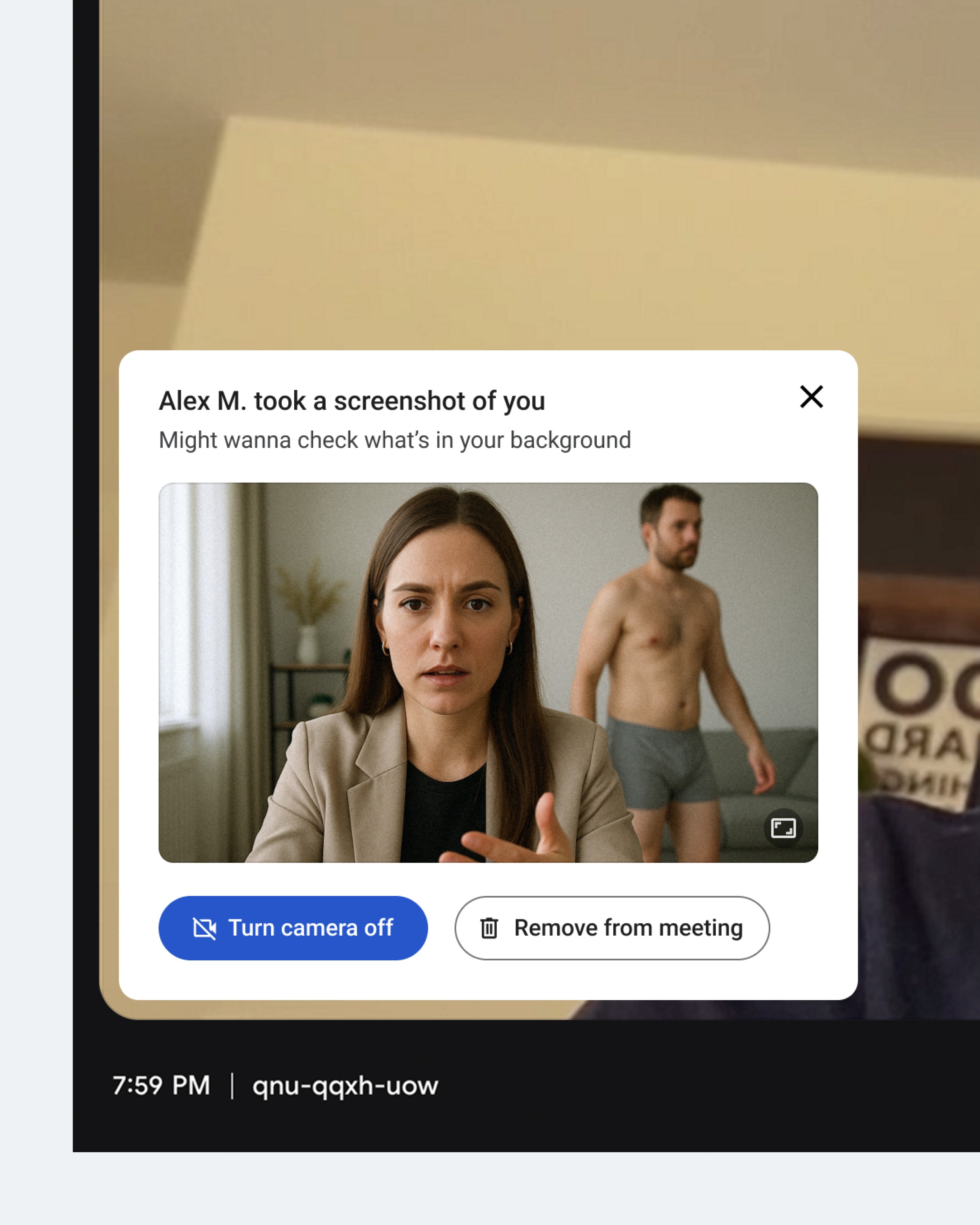 Концепт: уведомление Google Meet о скриншоте видеопотока с предложением выключить камеру