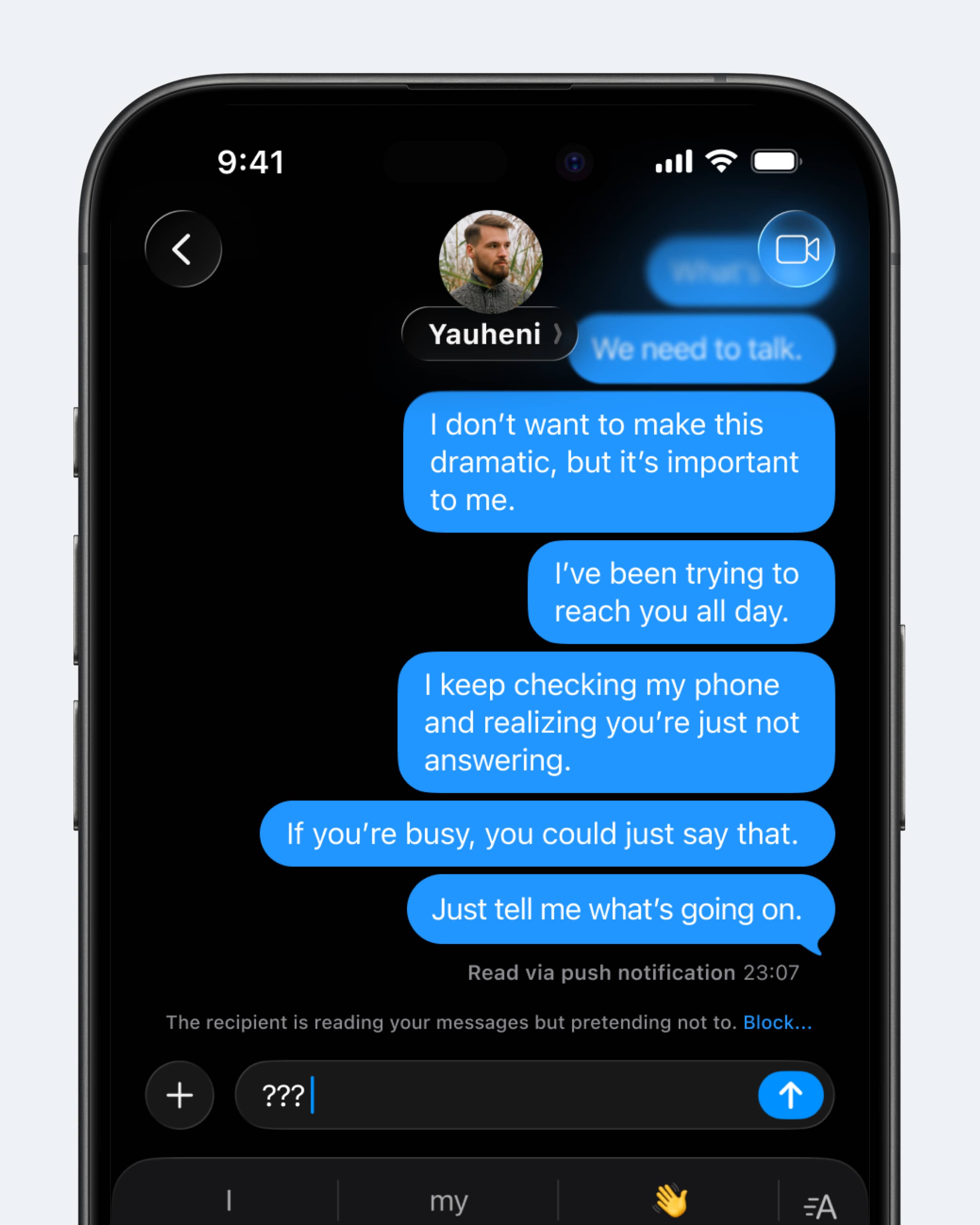 Концепт: интерфейс Apple Messages с уведомлением об намеренном игнорировании сообщений