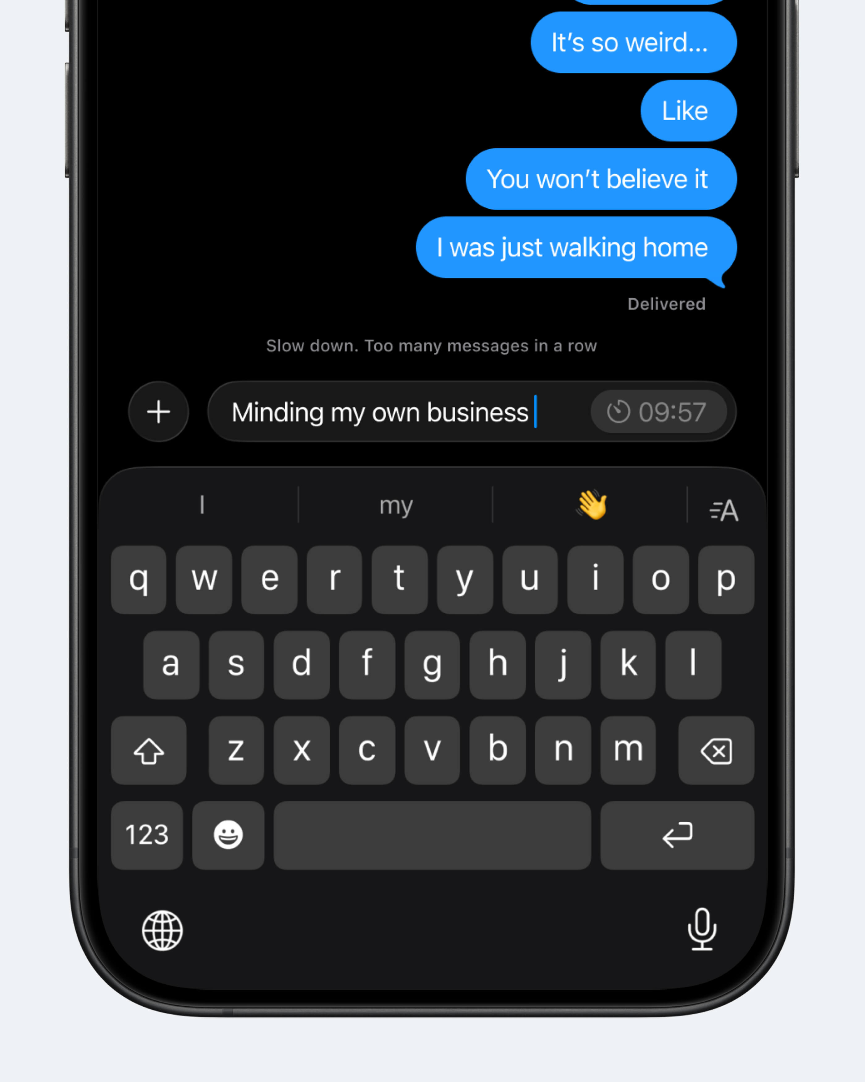 Концепт: экран Apple Messages с таймером при частой отправке сообщений подряд