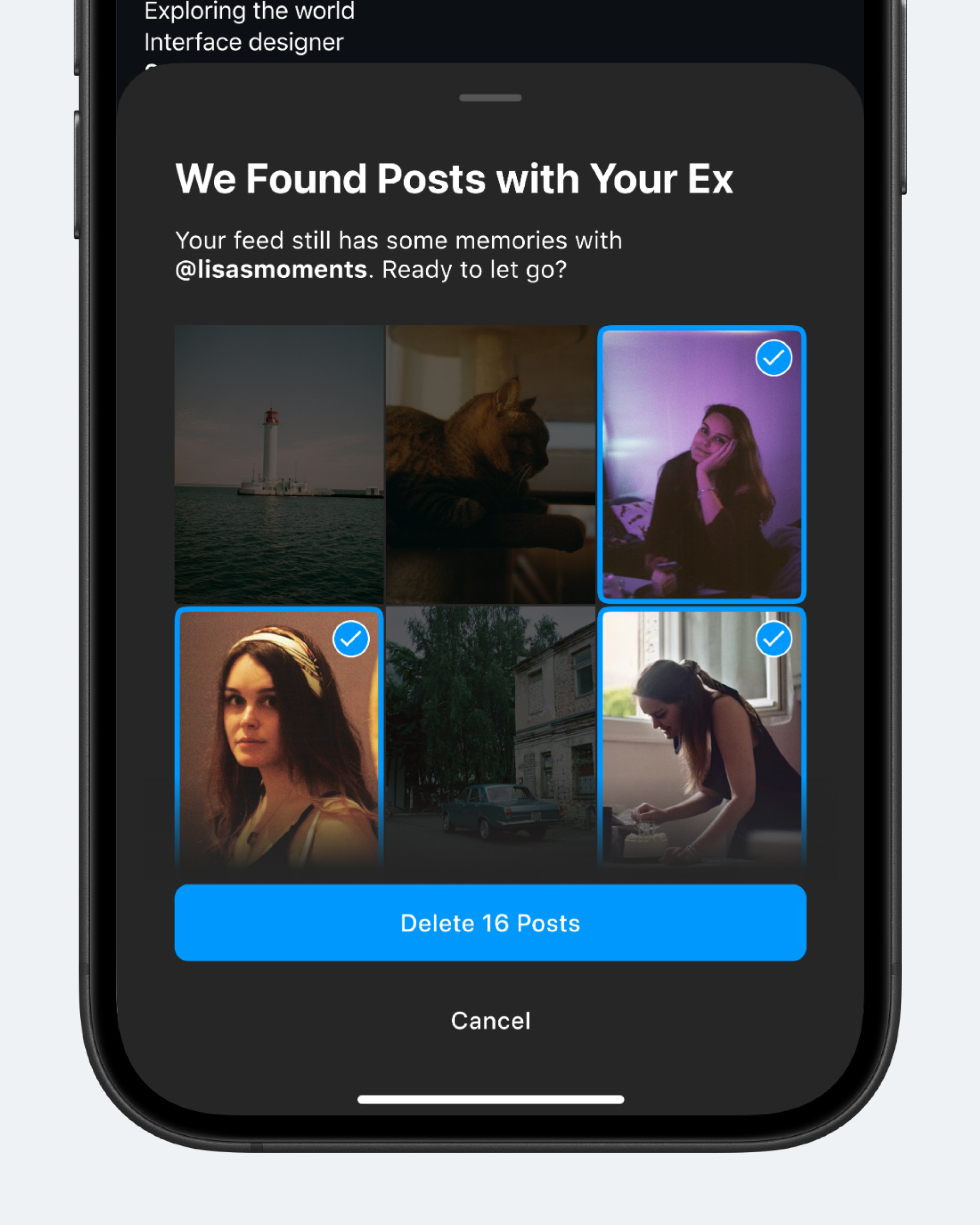 Концепт: экран Instagram с предложением удалить посты бывшего партнёра из ленты
