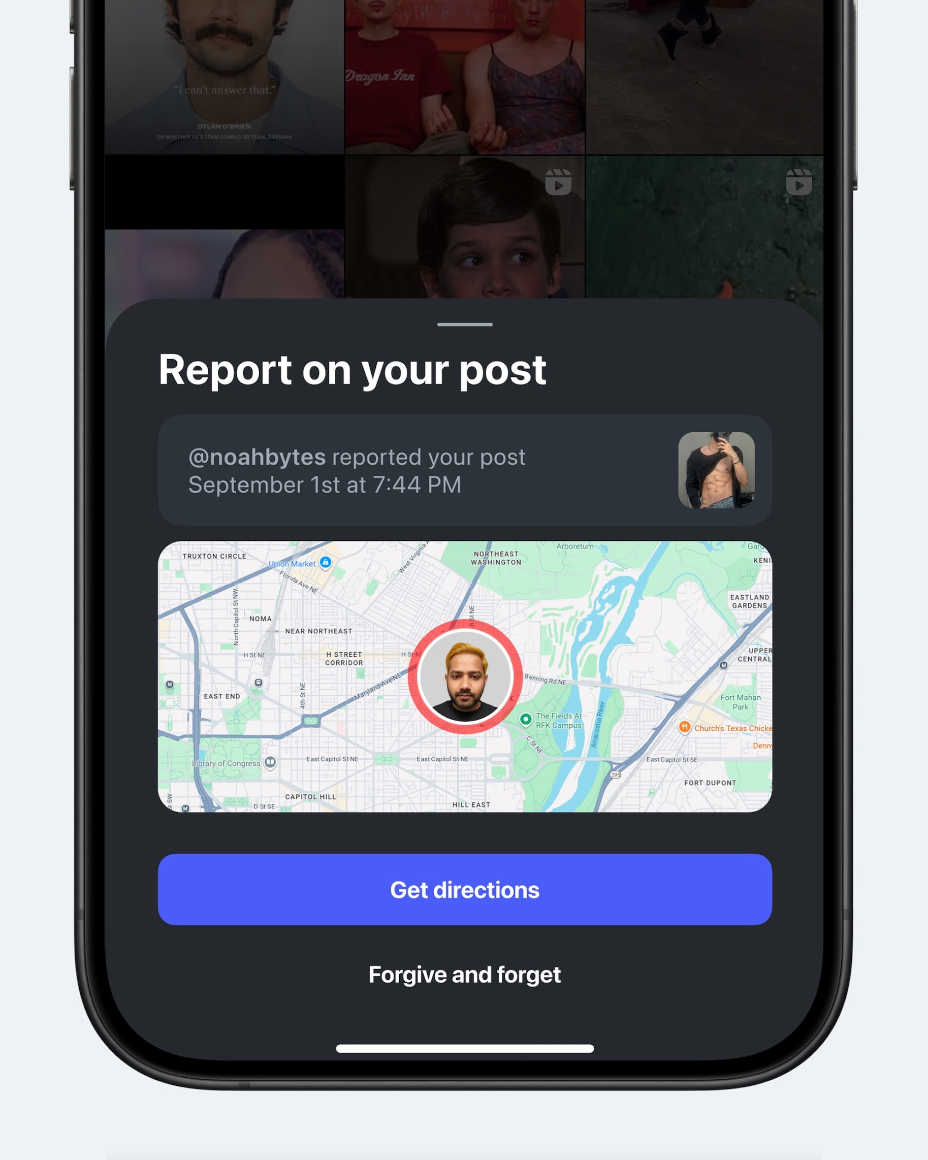 Концепт: экран Instagram с информацией о пользователе, пожаловавшемся на пост, и его локацией на карте