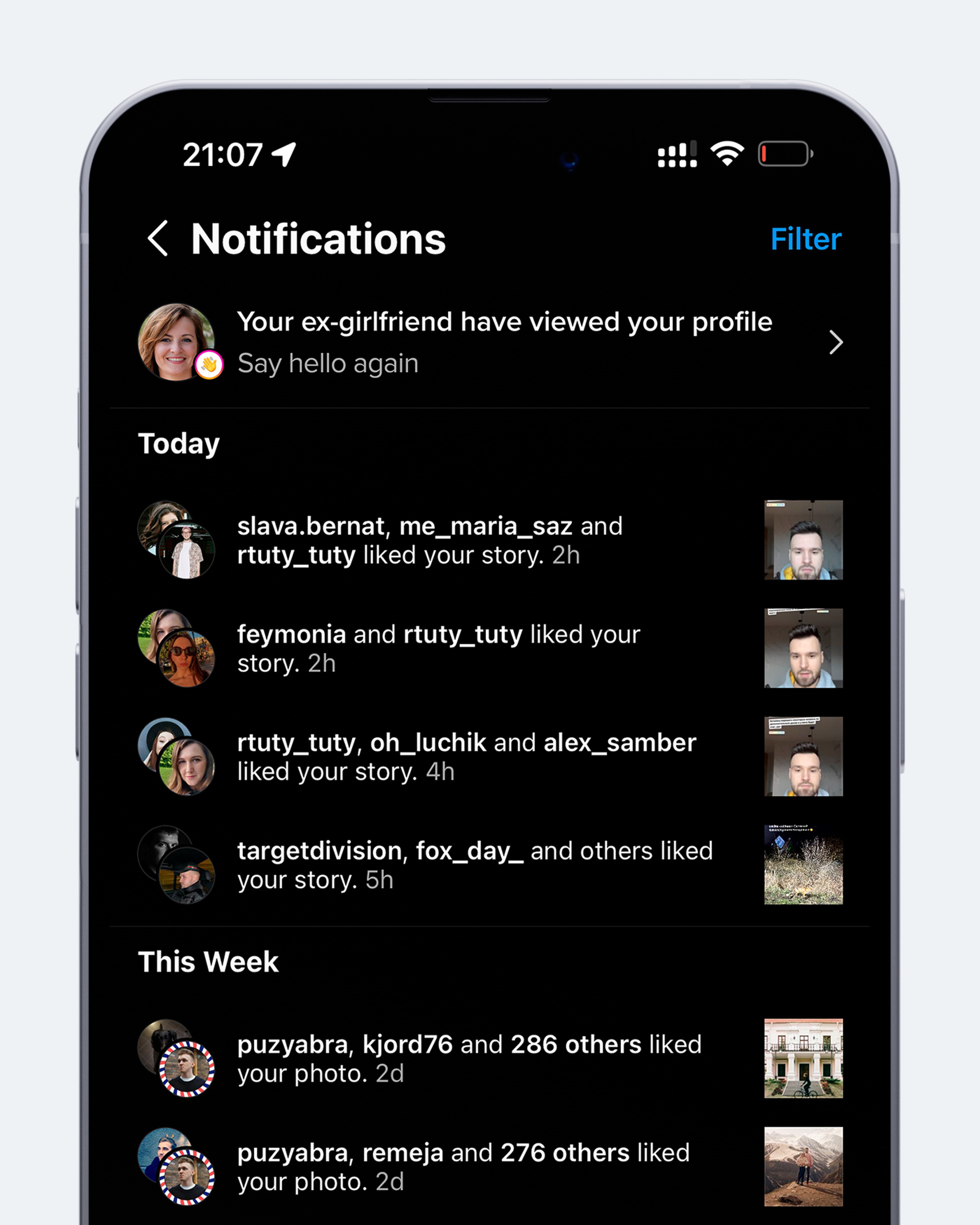 Screenshot of Instagram notifications, showing likes and profile views from various users.