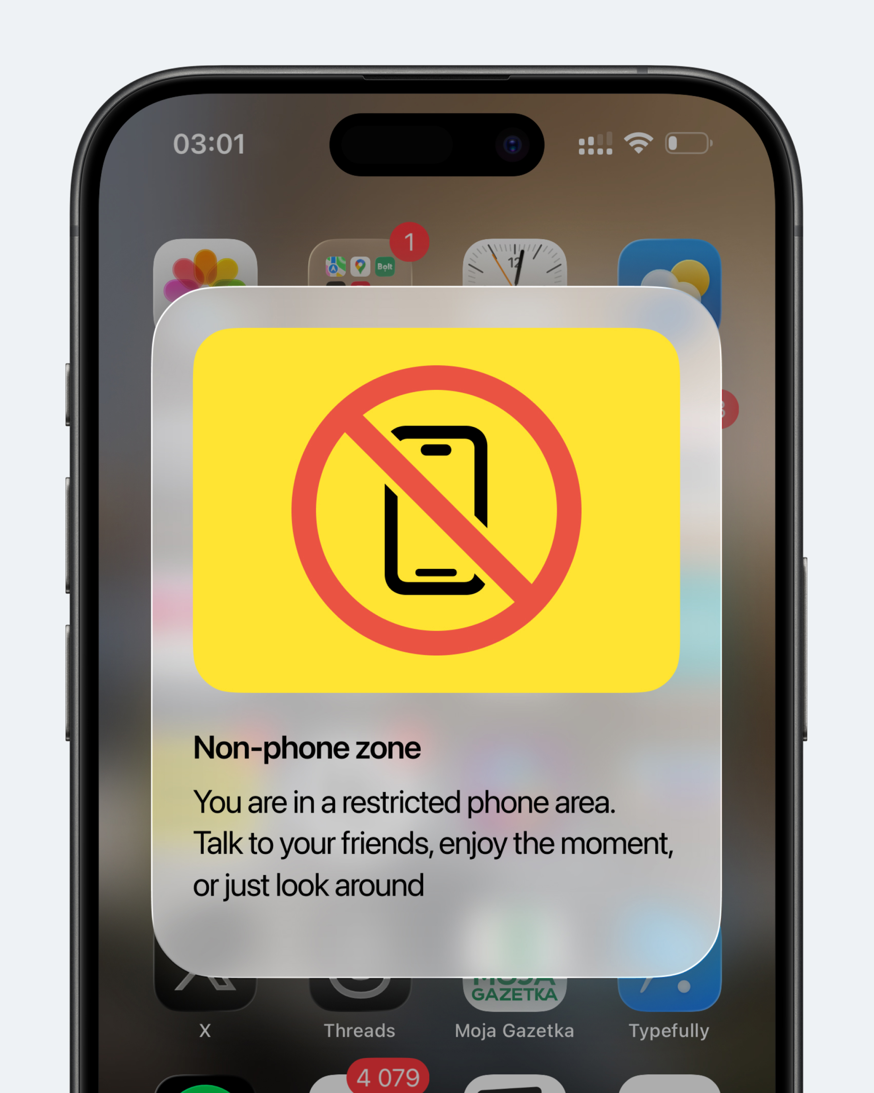 Концепт: уведомление iOS о блокировке телефона в запрещённой зоне