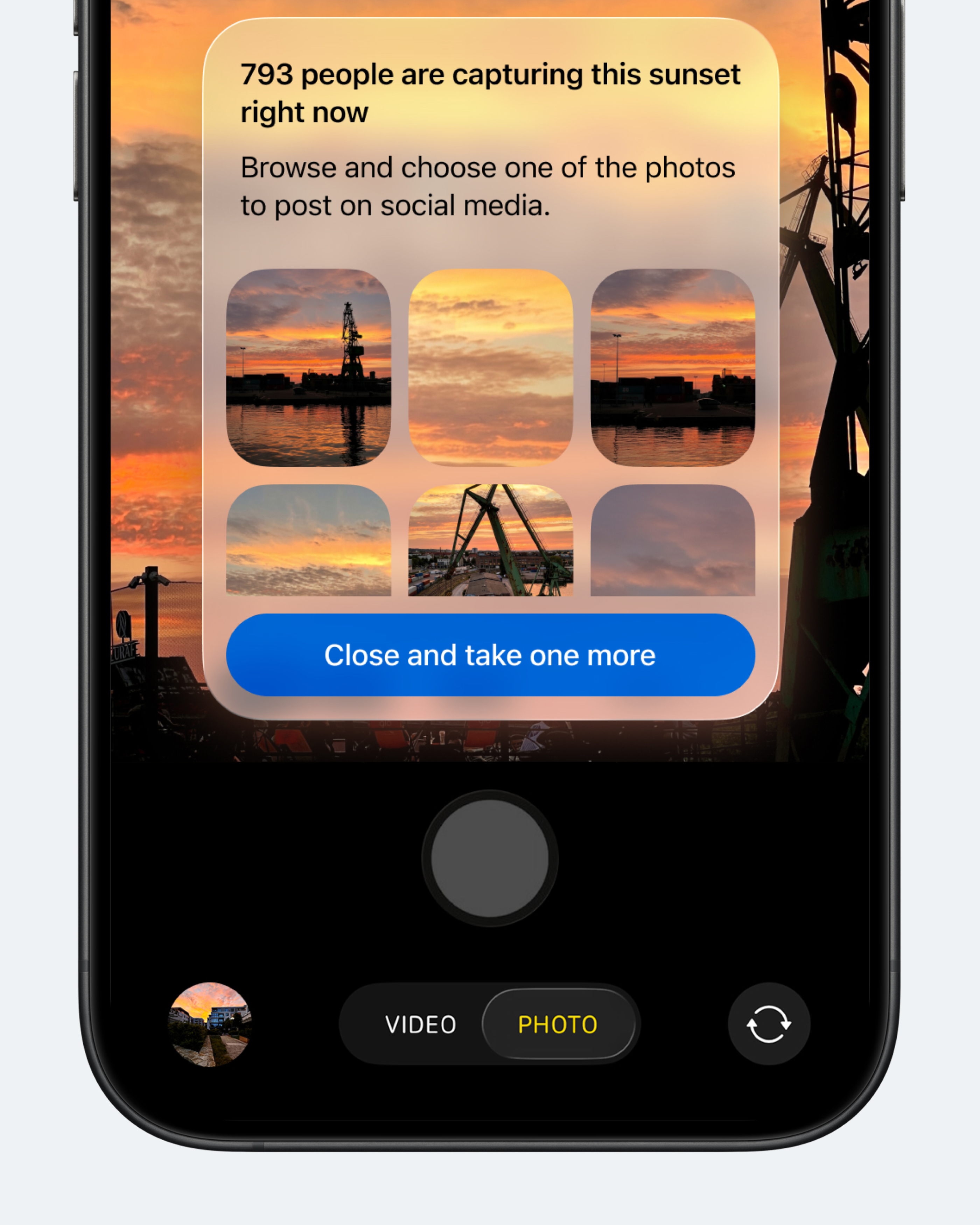 Концепт: экран камеры iOS с подсказкой о людях, одновременно фотографирующих закат