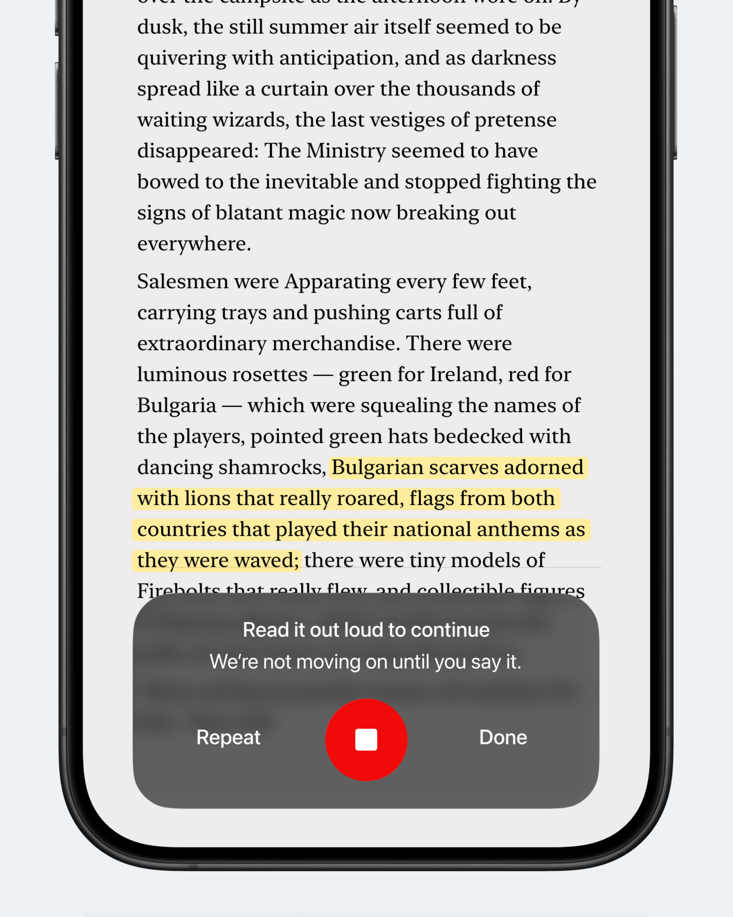 Концепт: экран приложения для чтения iOS с проверкой внимания читателя через голос