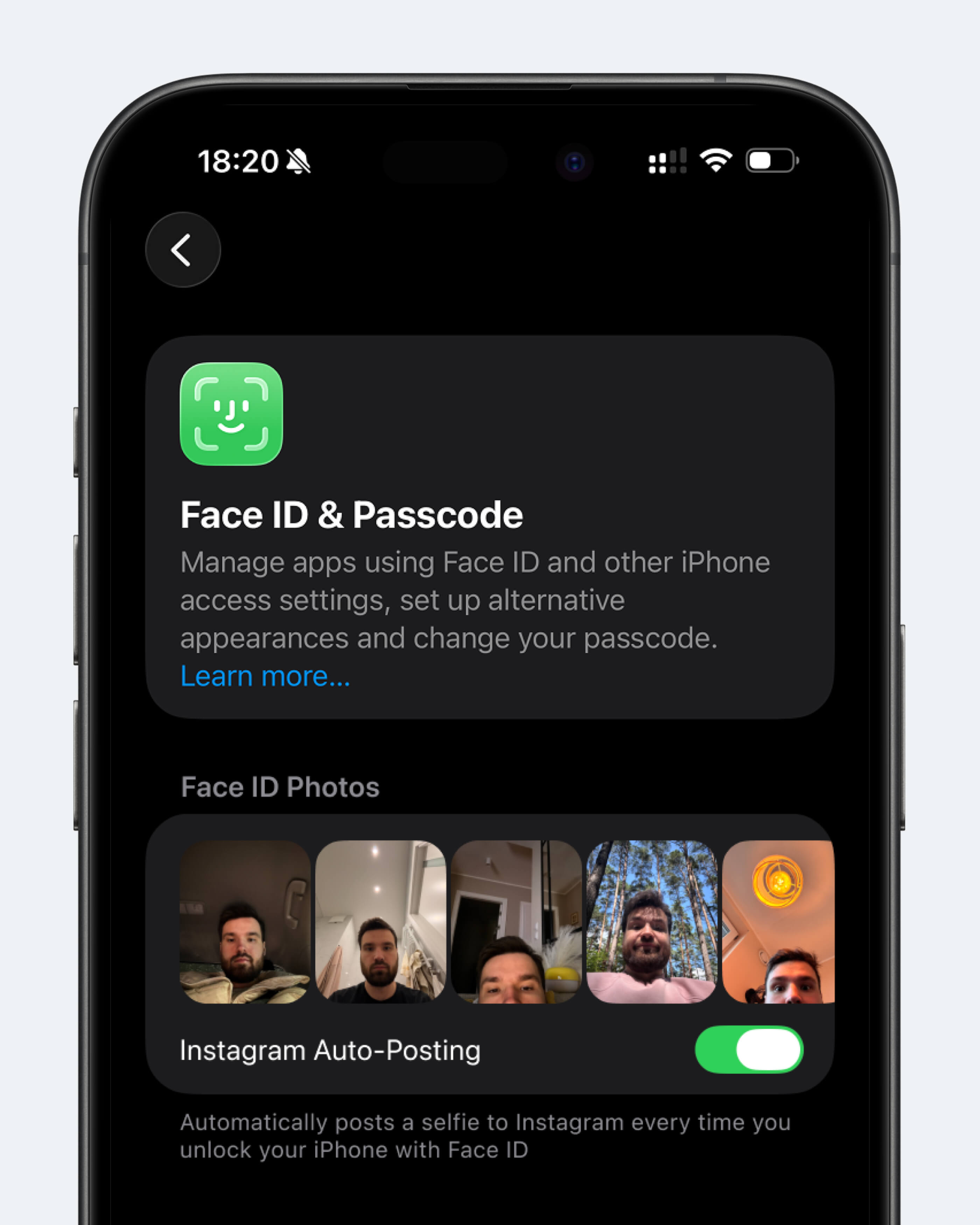 Концепт: экран настроек iOS с функцией автопостинга селфи в Инстаграм при разблокировке Face ID