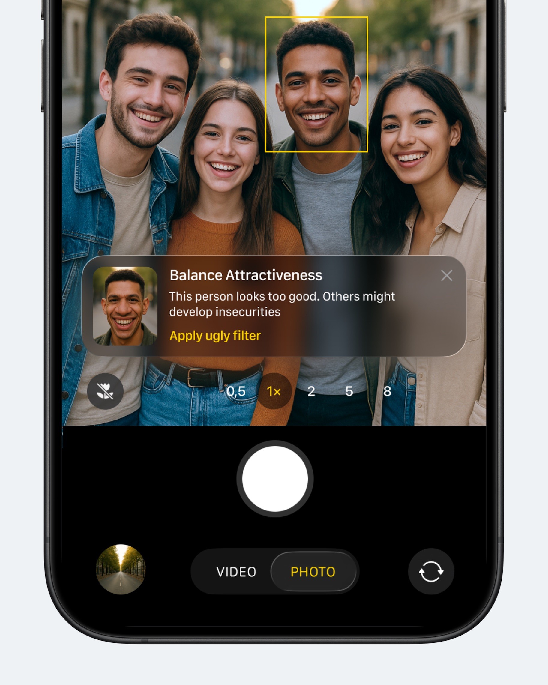 Smartphone camera interface with a group of diverse friends smiling and a "Balance Attractiveness" filter option.