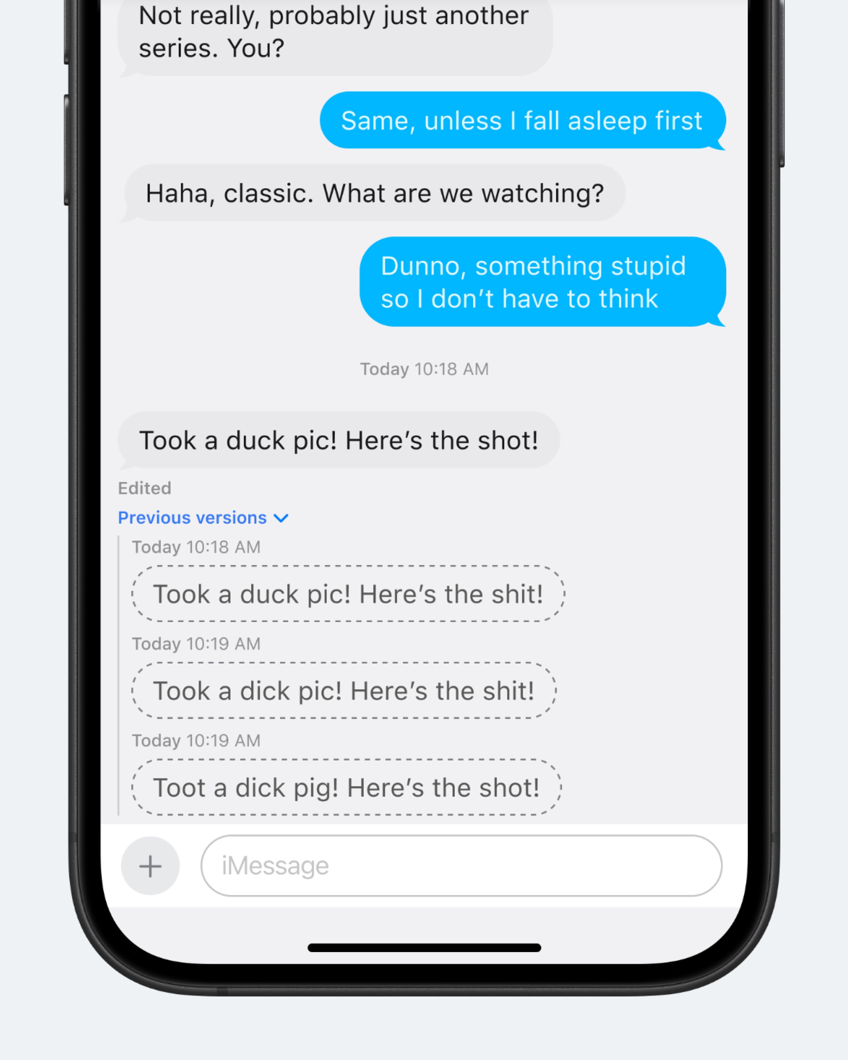 Концепт: экран Apple Messages с историей редактирования сообщения, видимой для всех участников чата