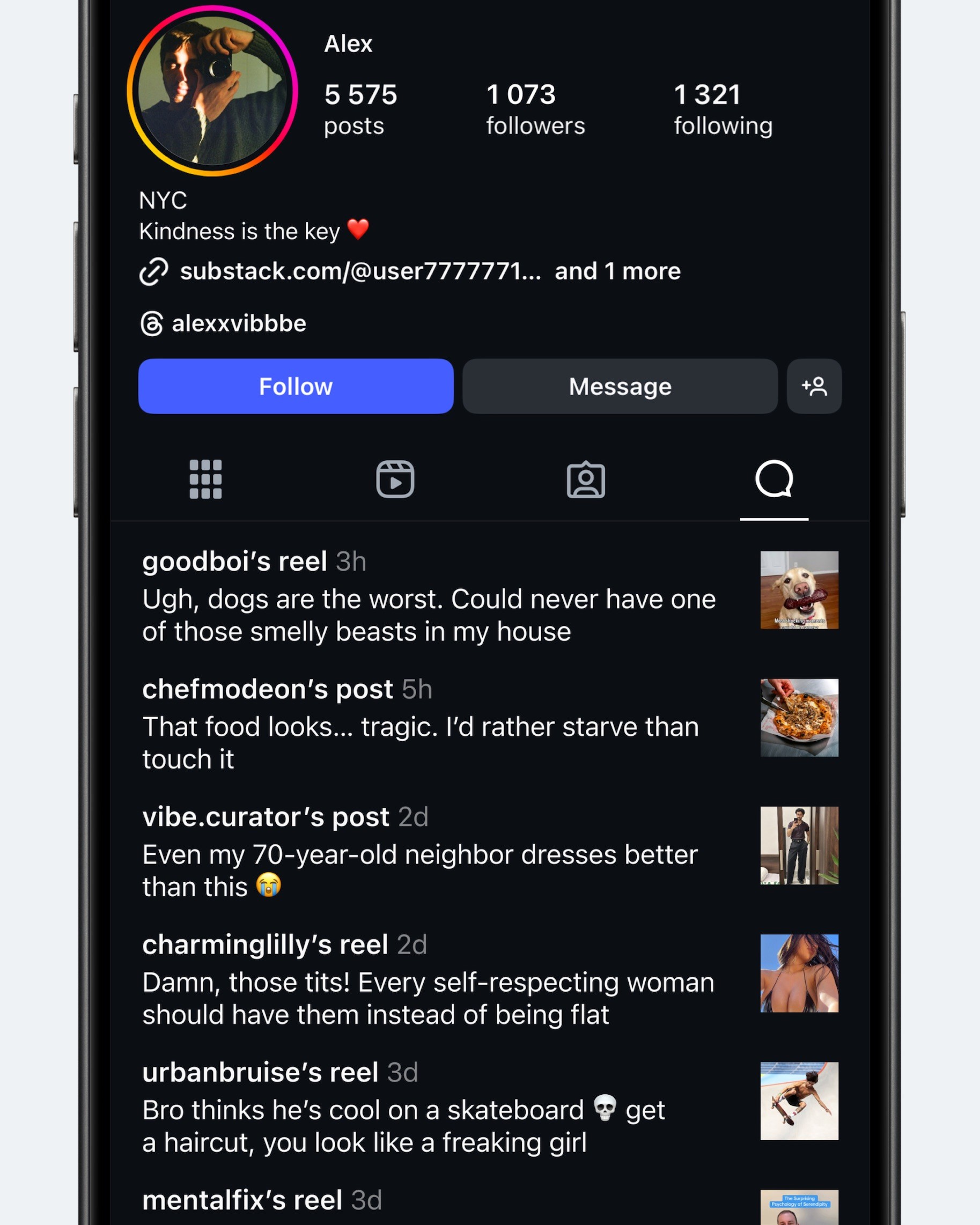 Концепт: профиль Instagram с публичной историей личных комментариев пользователя под постами других