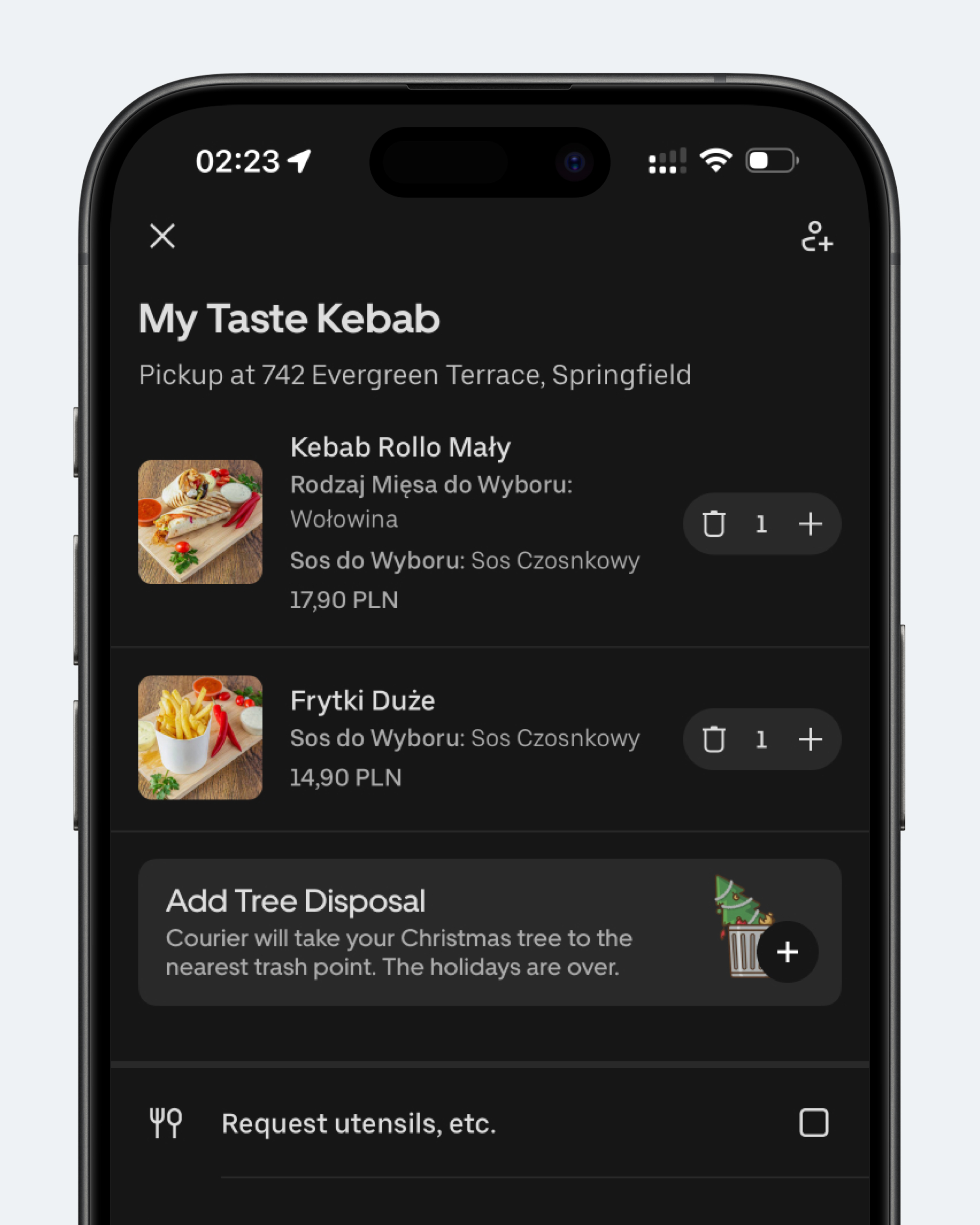 Концепт: экран заказа Uber Eats с опцией вывоза ёлки после праздников