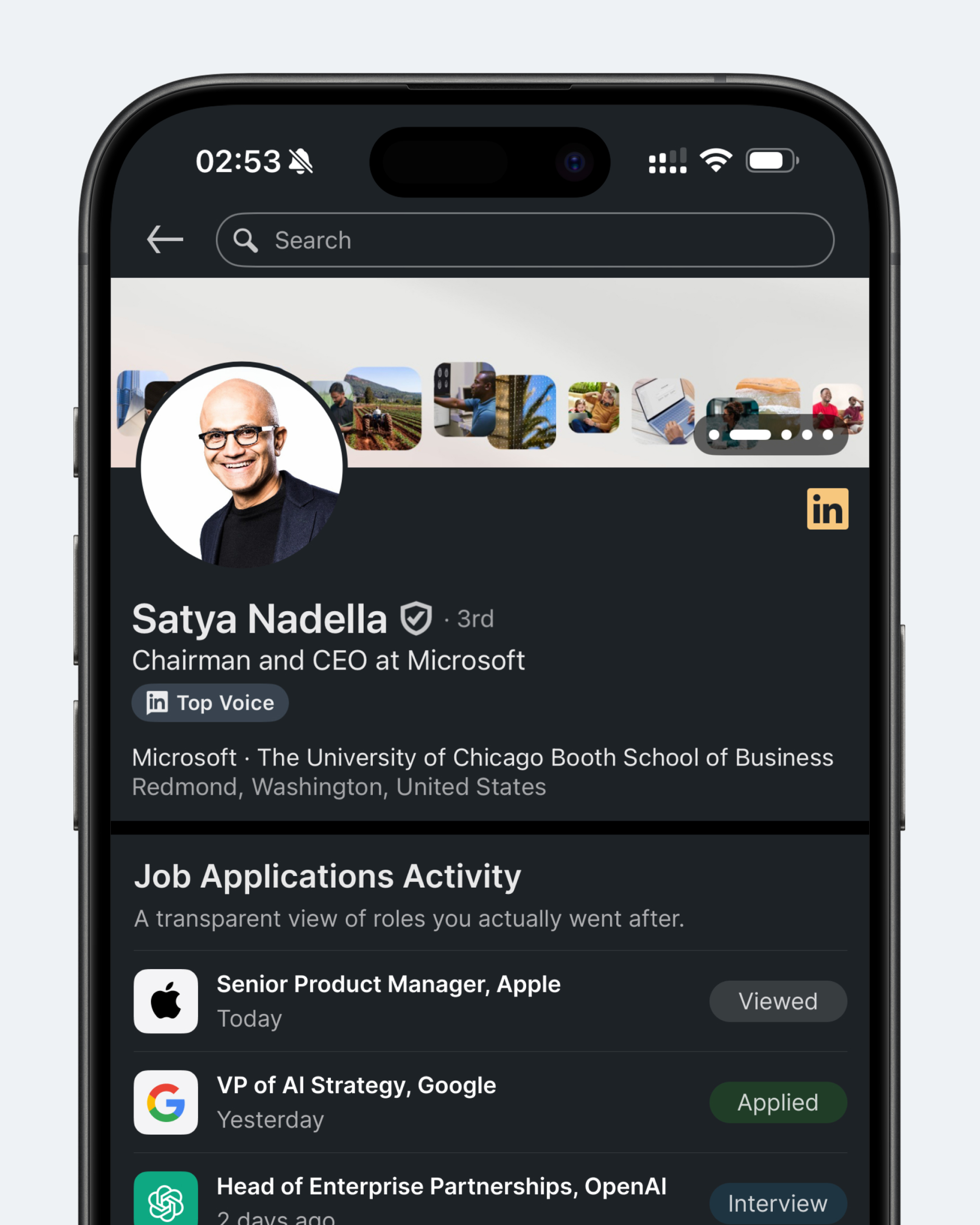 Концепт: профиль LinkedIn с публичной историей откликов на вакансии