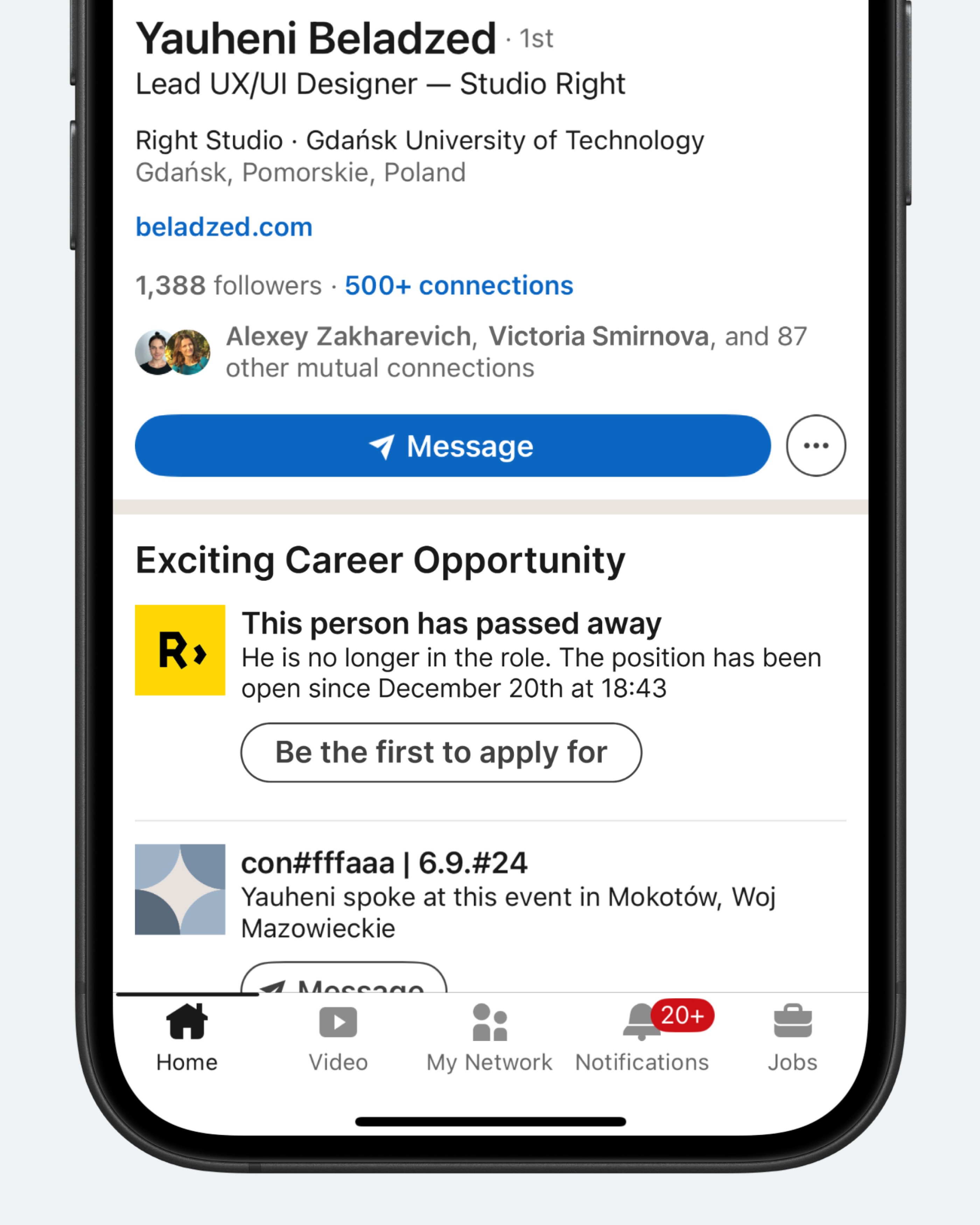 LinkedIn profile of Yauheni Beladzed on a smartphone screen, displaying career opportunity and contact information.