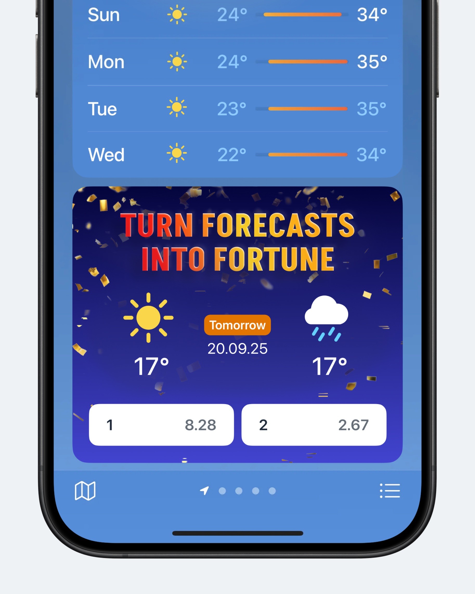 Концепт: экран Apple Weather с возможностью ставить ставки на прогноз погоды на завтра