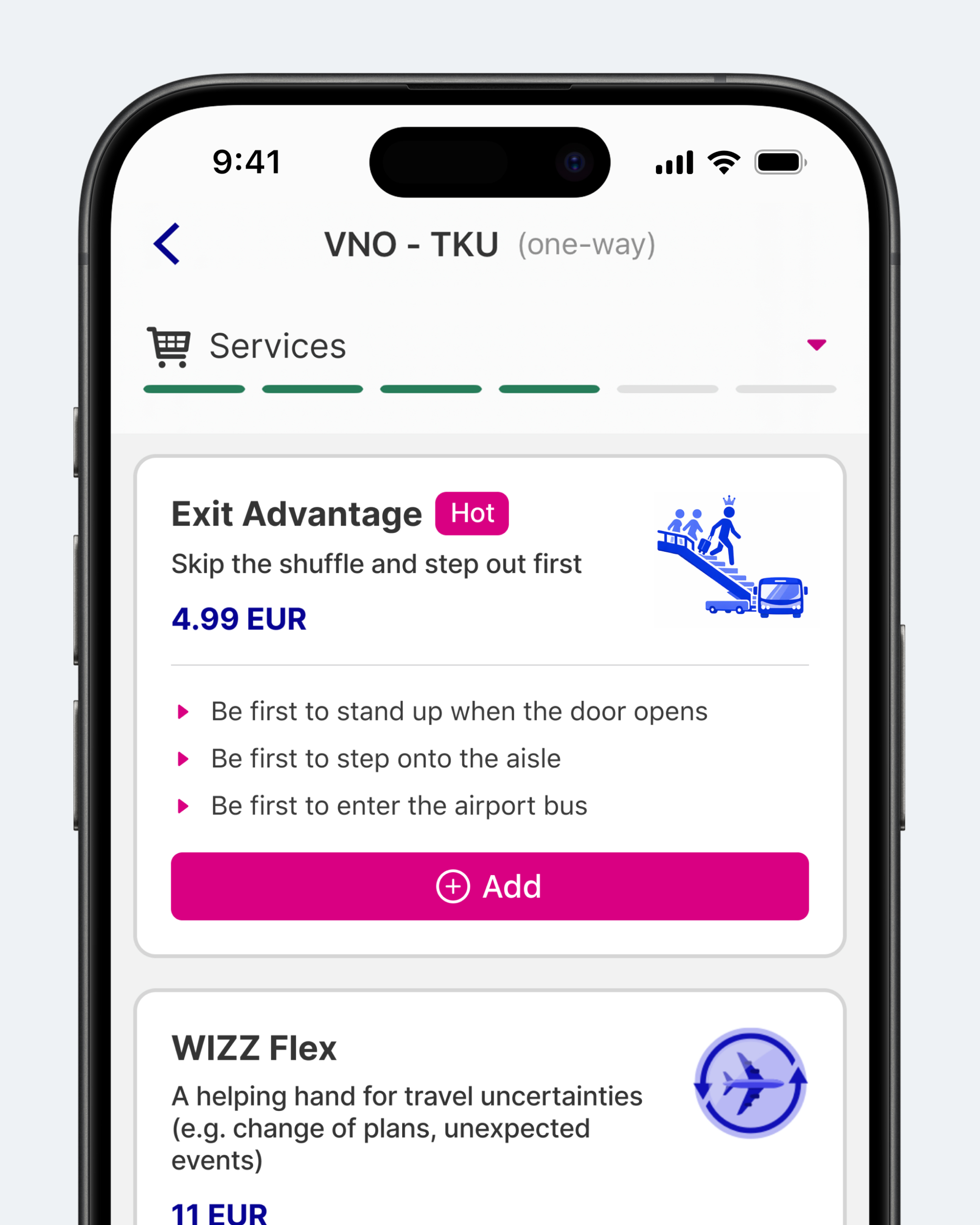 Концепт: экран сервиса Wizzair с услугой Exit Advantage для приоритетного выхода из самолета