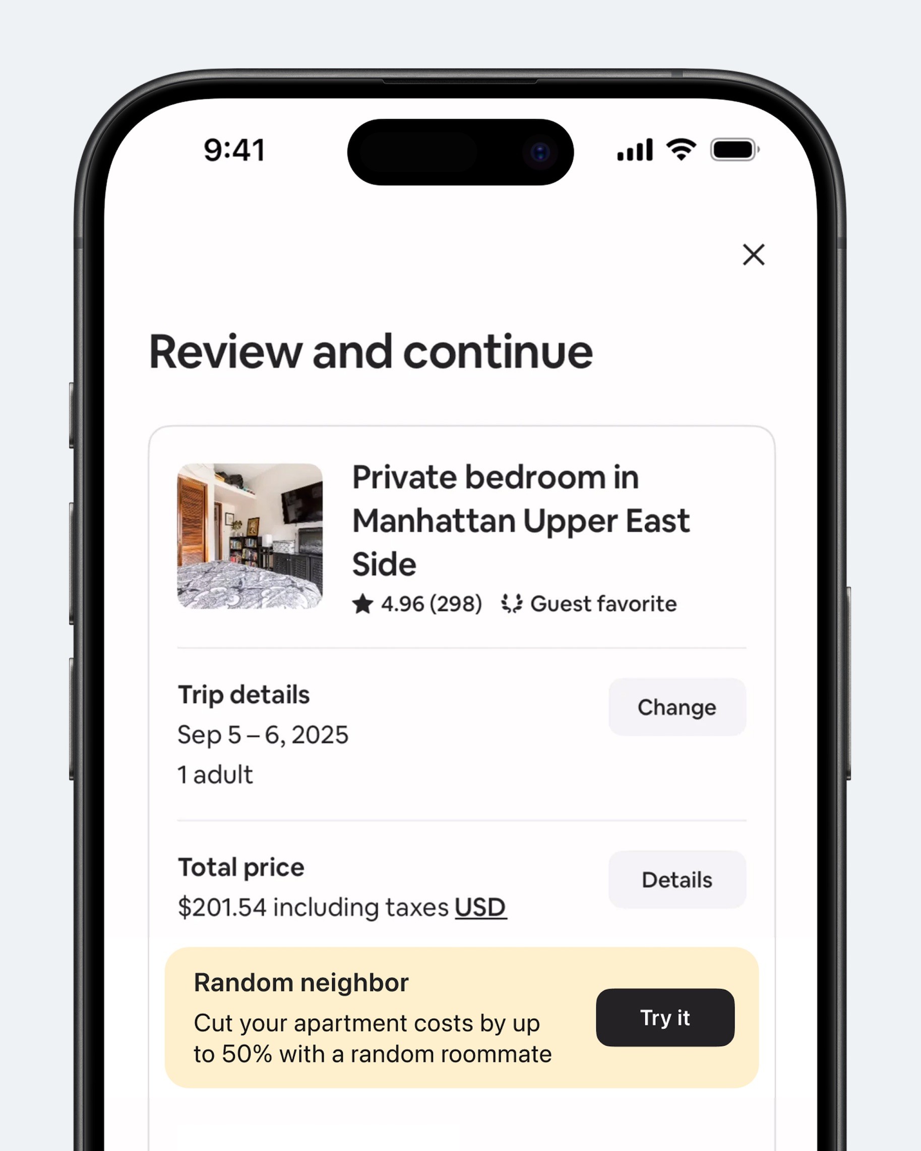 Концепт: экран бронирования Airbnb с опцией поиска жилья со случайным соседом для снижения затрат