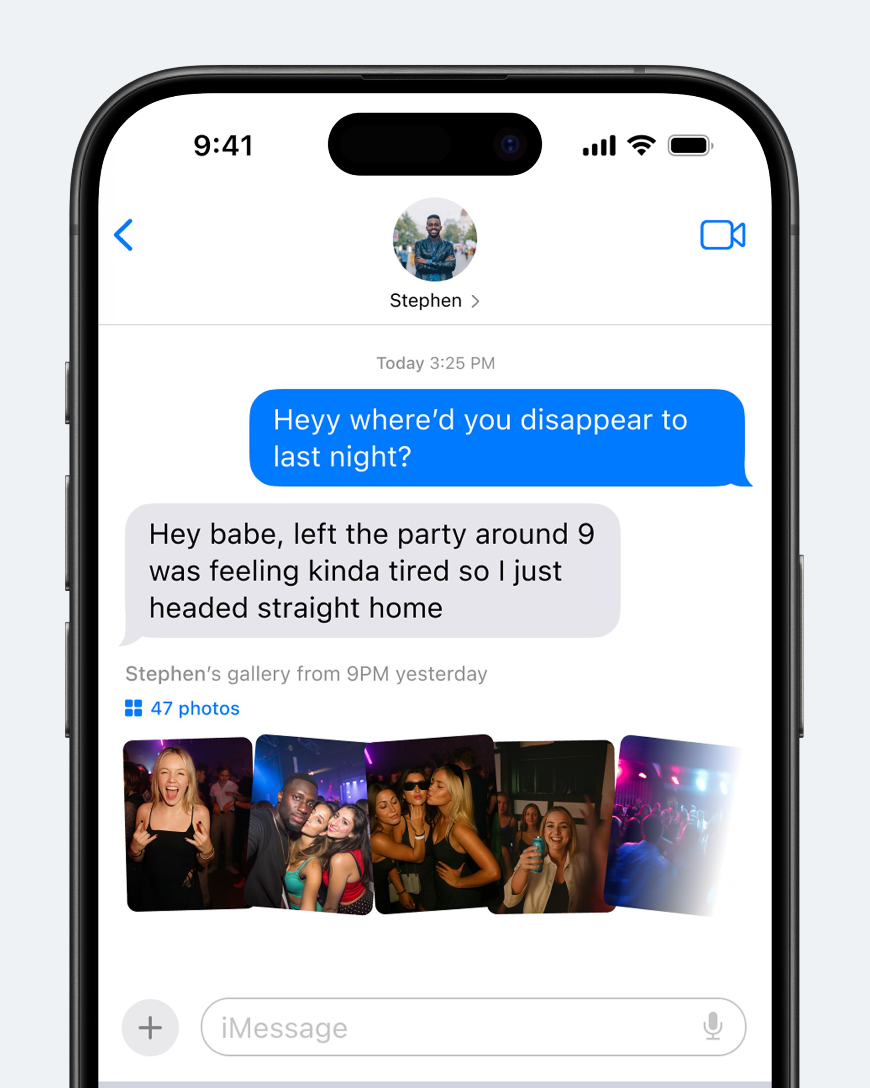 Концепт: чат Apple Messages с галереей фото собеседника за определённый период времени