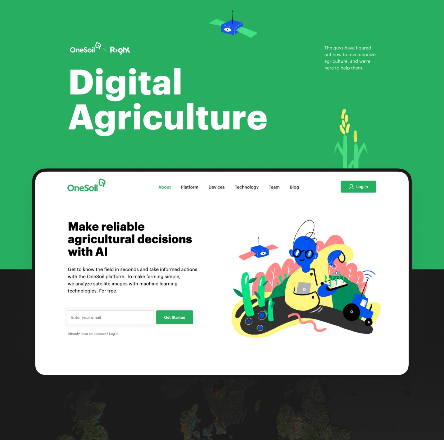 OneSol digital agriculture platform with green and white color scheme and AI agriculture illustrations.
