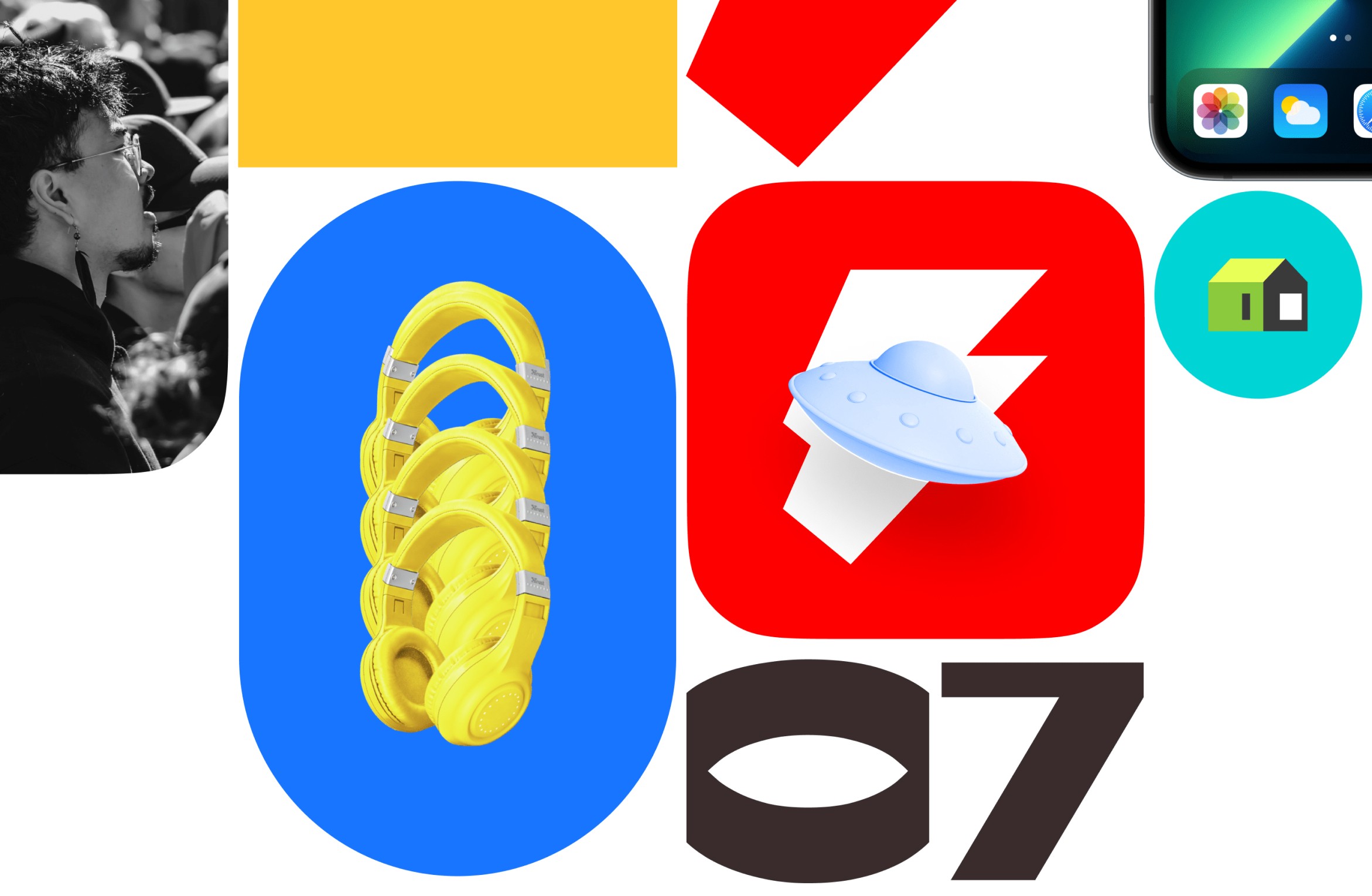 Collage with a person, yellow headphones, red lightning icon with UFO, and home and phone app icons.