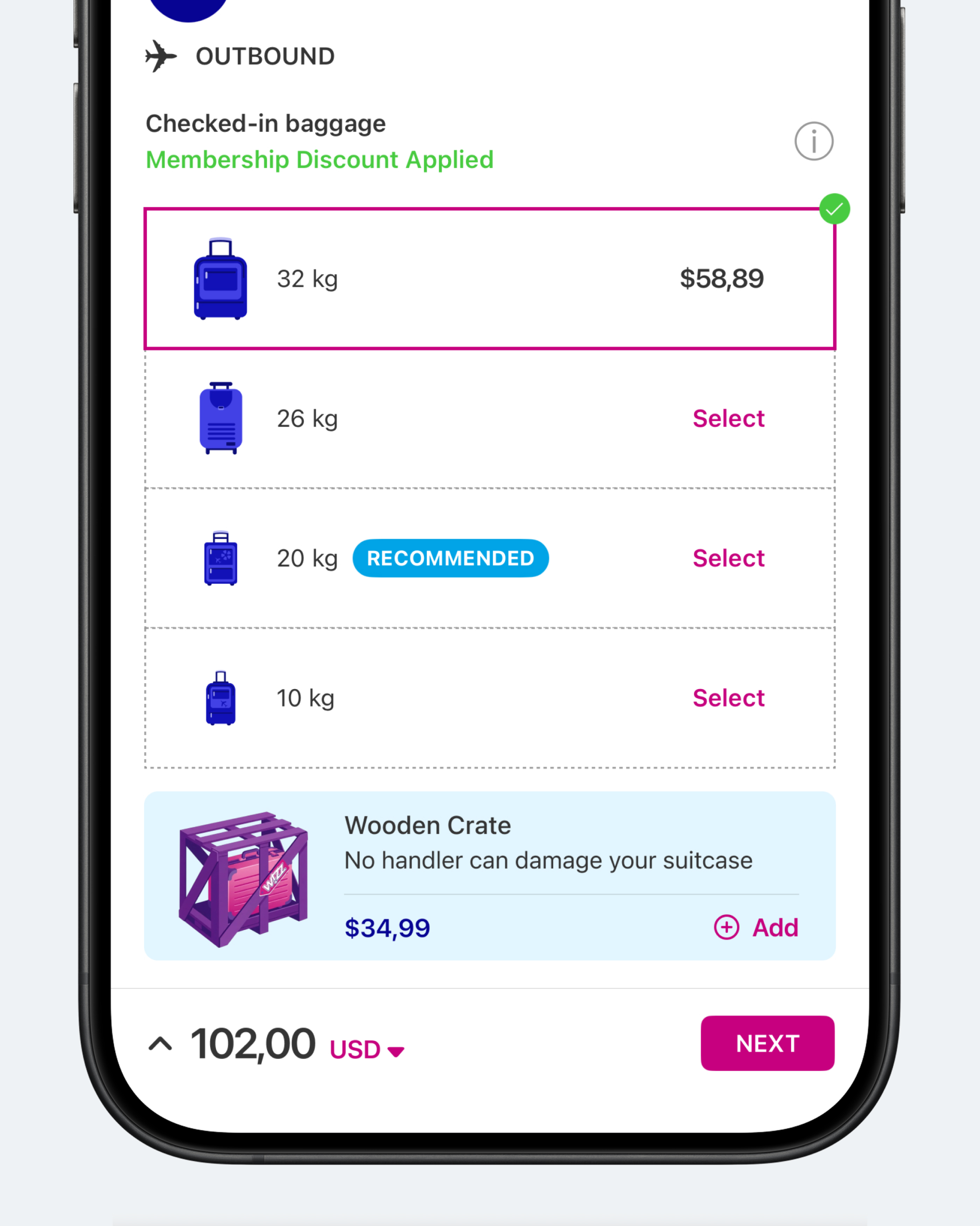 Концепт: экран выбора багажа Wizz Air с опцией деревянной обрешетки для защиты чемодана