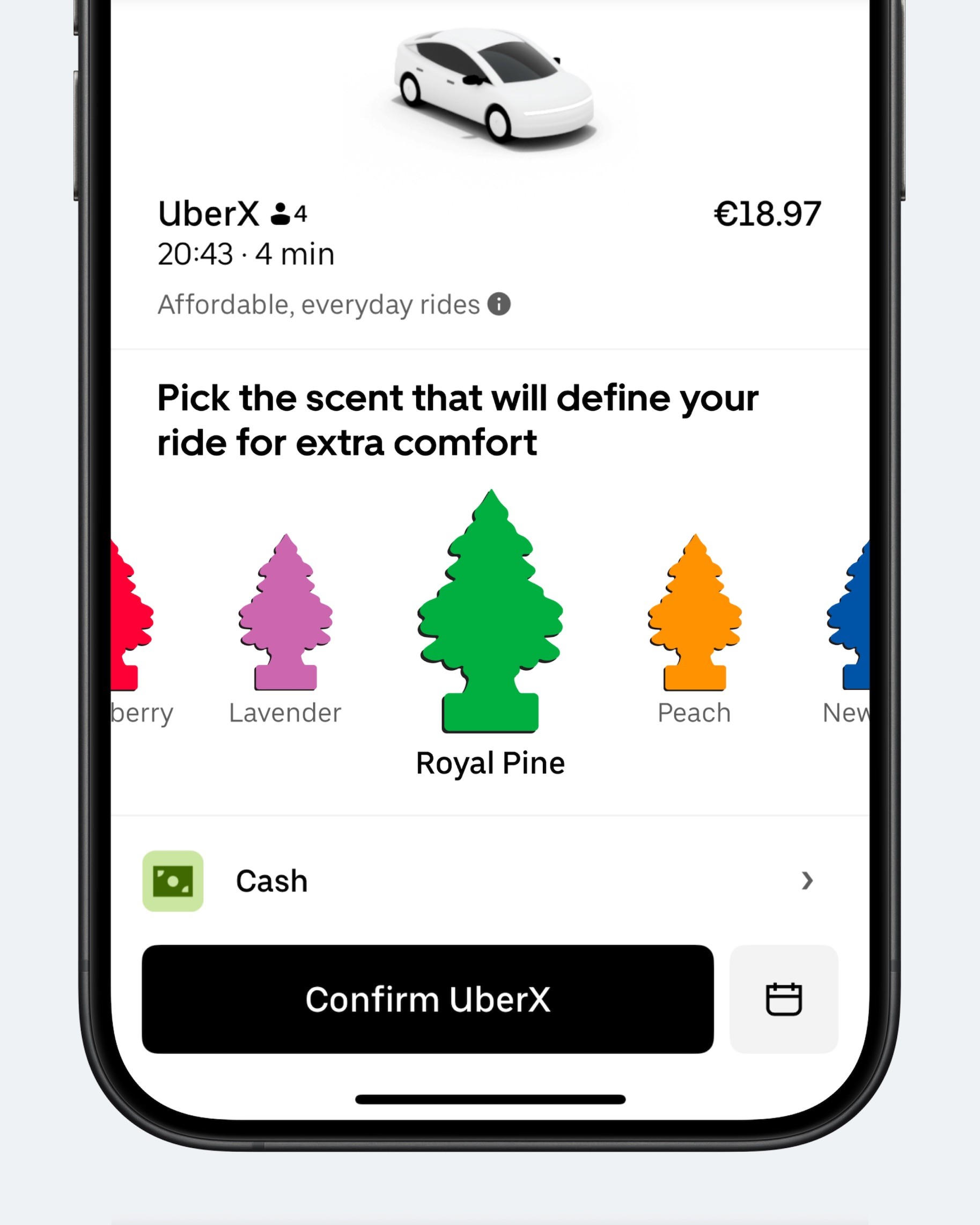 Концепт: экран Uber с выбором аромата елочки для заказа такси